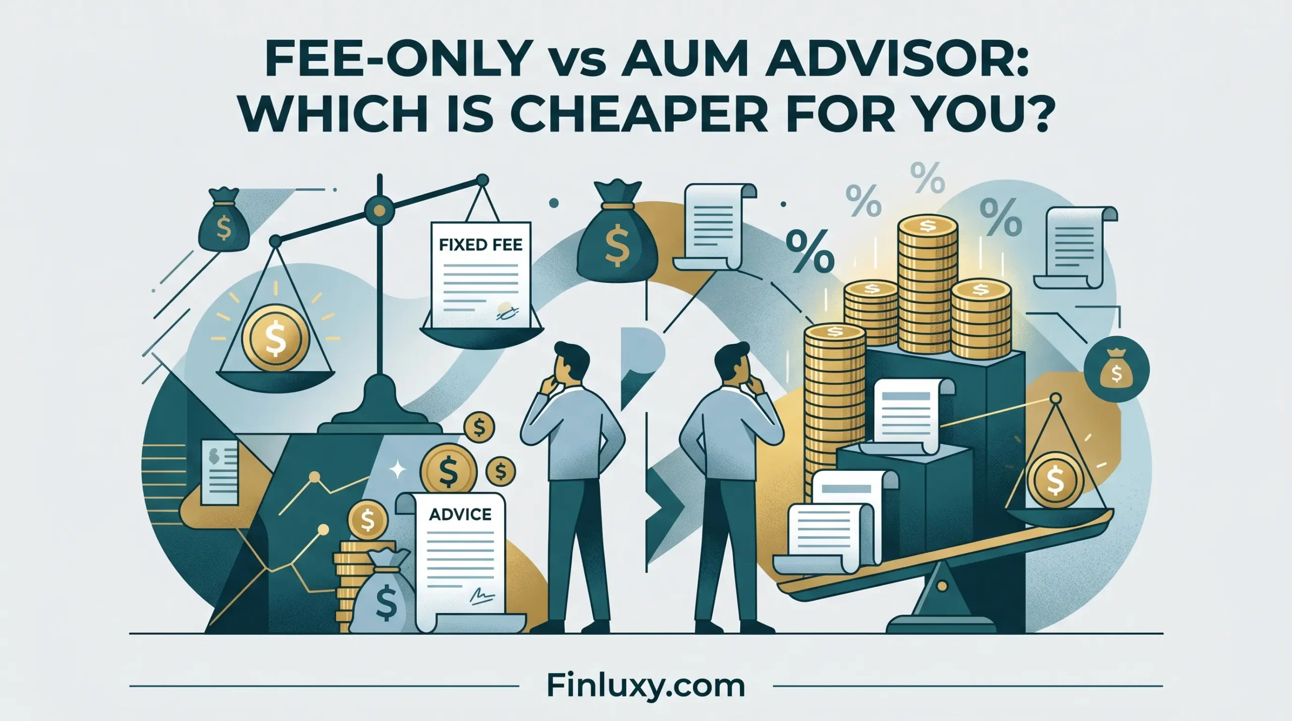 Geometric illustration comparing fee-only and AUM advisors with scales, money icons, and a headline on a premium personal finance blog layout.