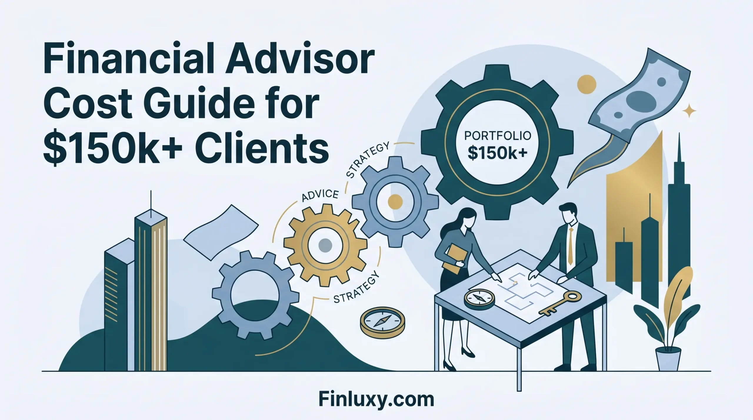 Geometric vector illustration of advisors reviewing a plan, featuring the headline "Financial Advisor Cost Guide for $150k+ Clients" and Finluxy.com.