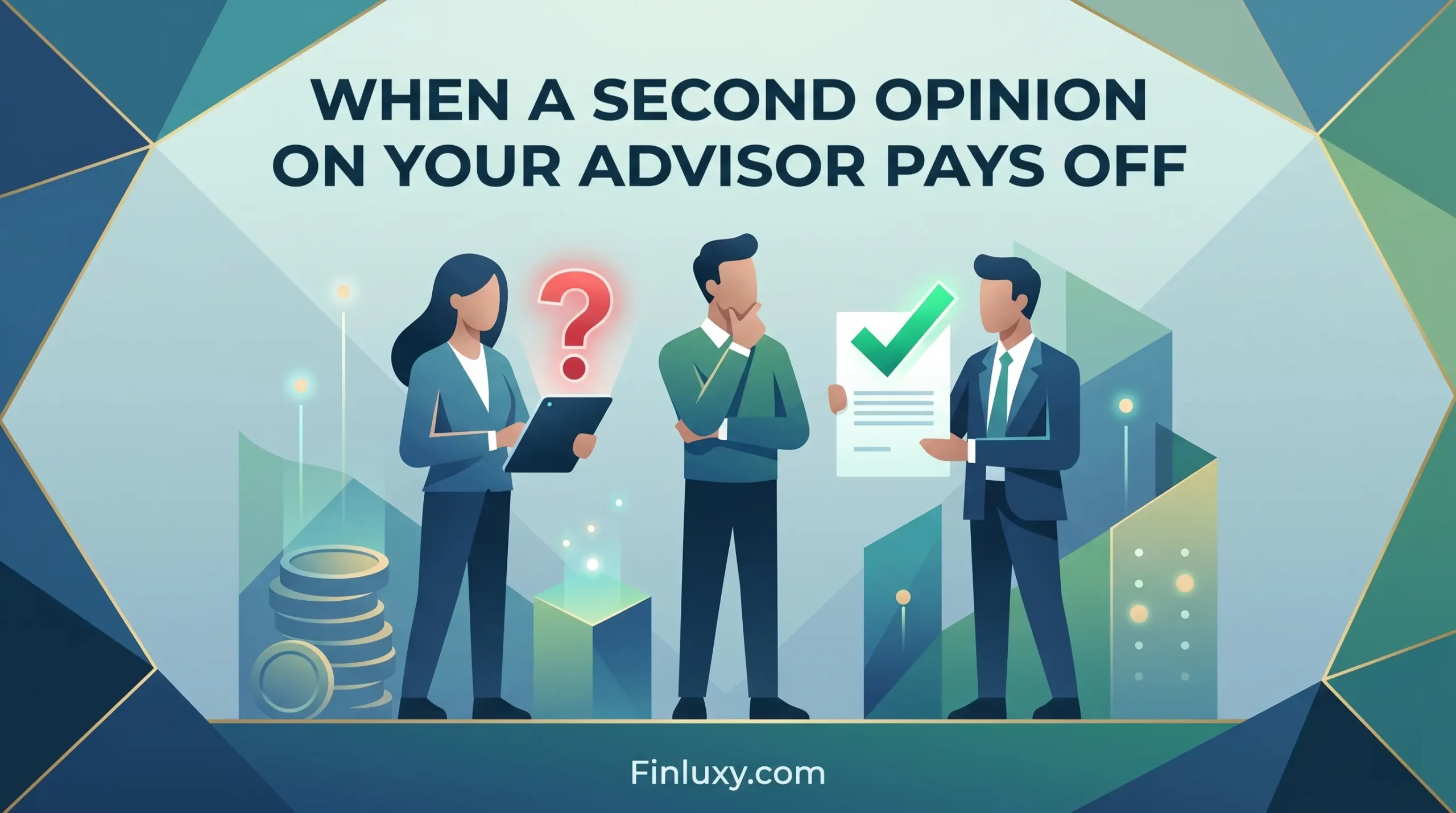 Geometric vector illustration for Finluxy.com showing a client choosing between two advisors, featuring a green checkmark and a question mark.