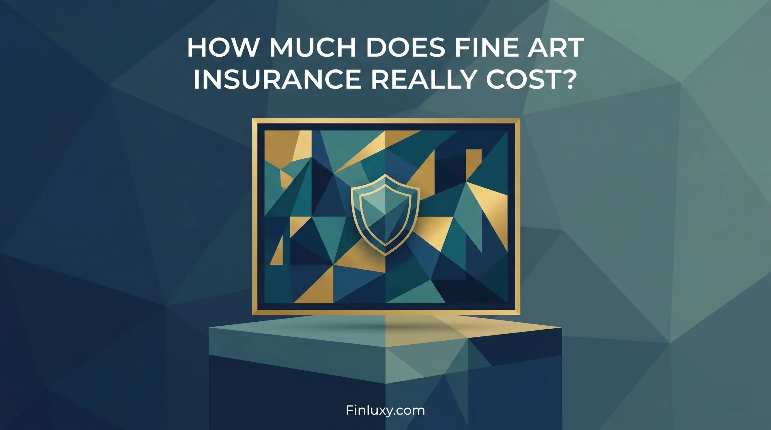 A modern geometric illustration of a framed artwork protected by a golden shield, symbolizing fine art insurance.