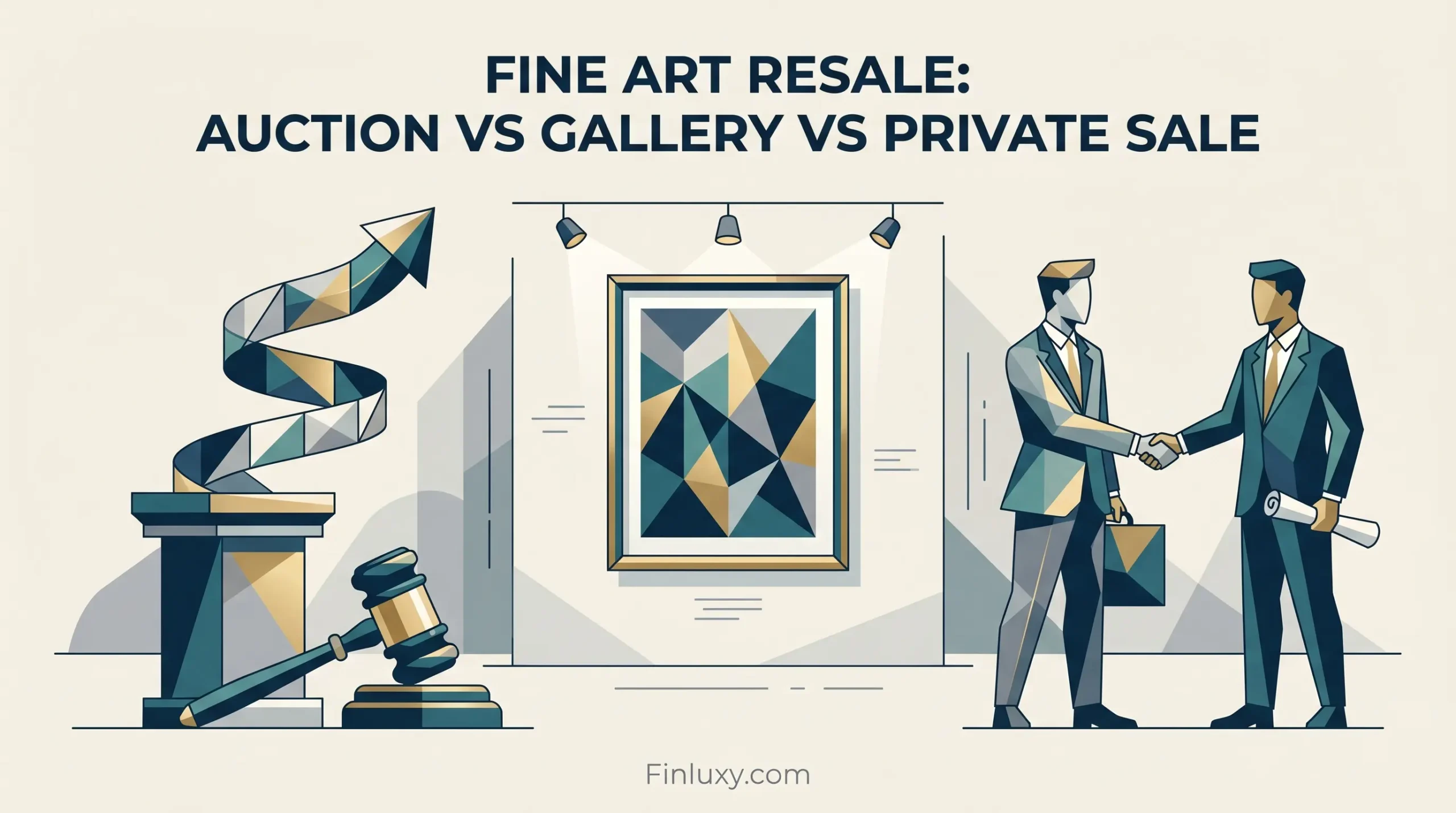 Geometric vector illustration depicting an auction gavel, a framed abstract painting in a gallery, and businessmen closing a private sale.