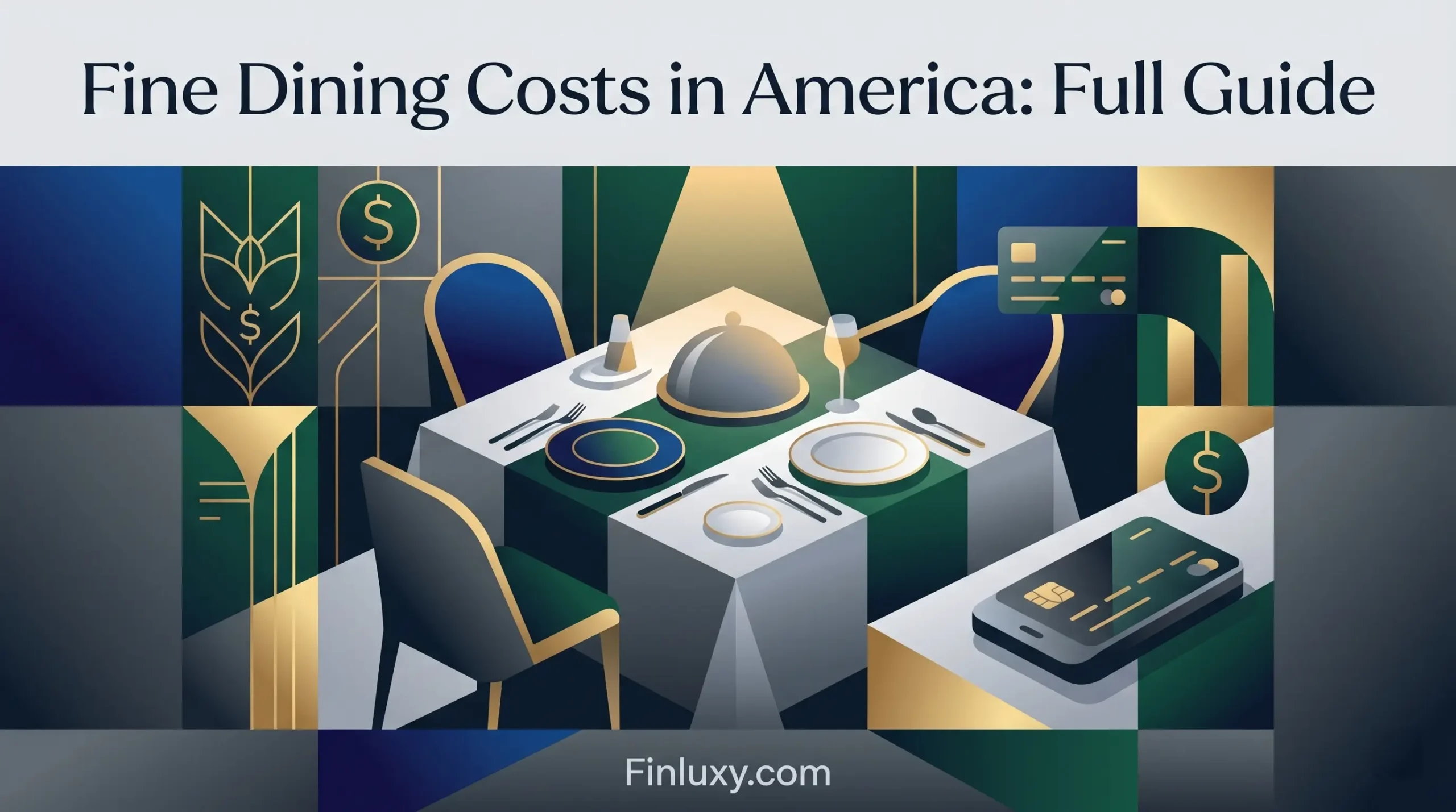 A geometric illustration showing a fine dining table set for two, flanked by credit card and payment symbols.
