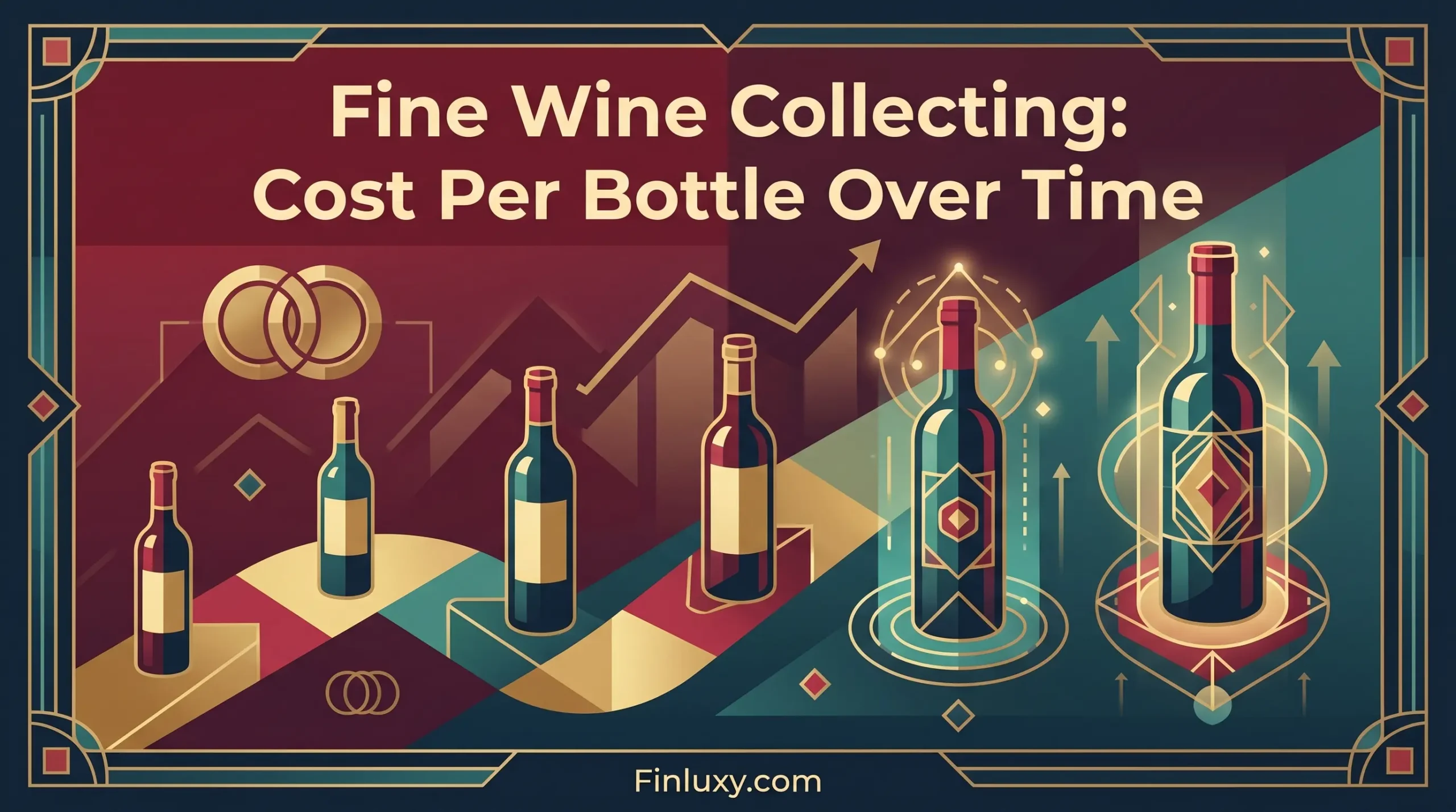 A geometric vector illustration showing a sequence of wine bottles increasing in size and value symbols over time.