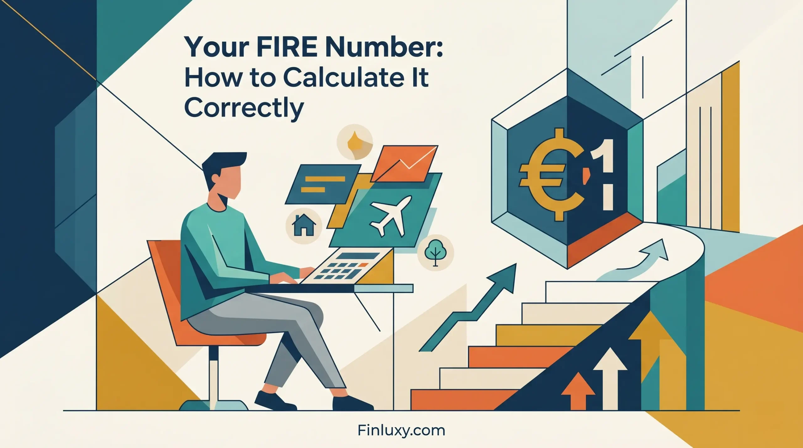 Geometric vector illustration of a person planning retirement at a desk with financial icons, steps, and ascending arrows.