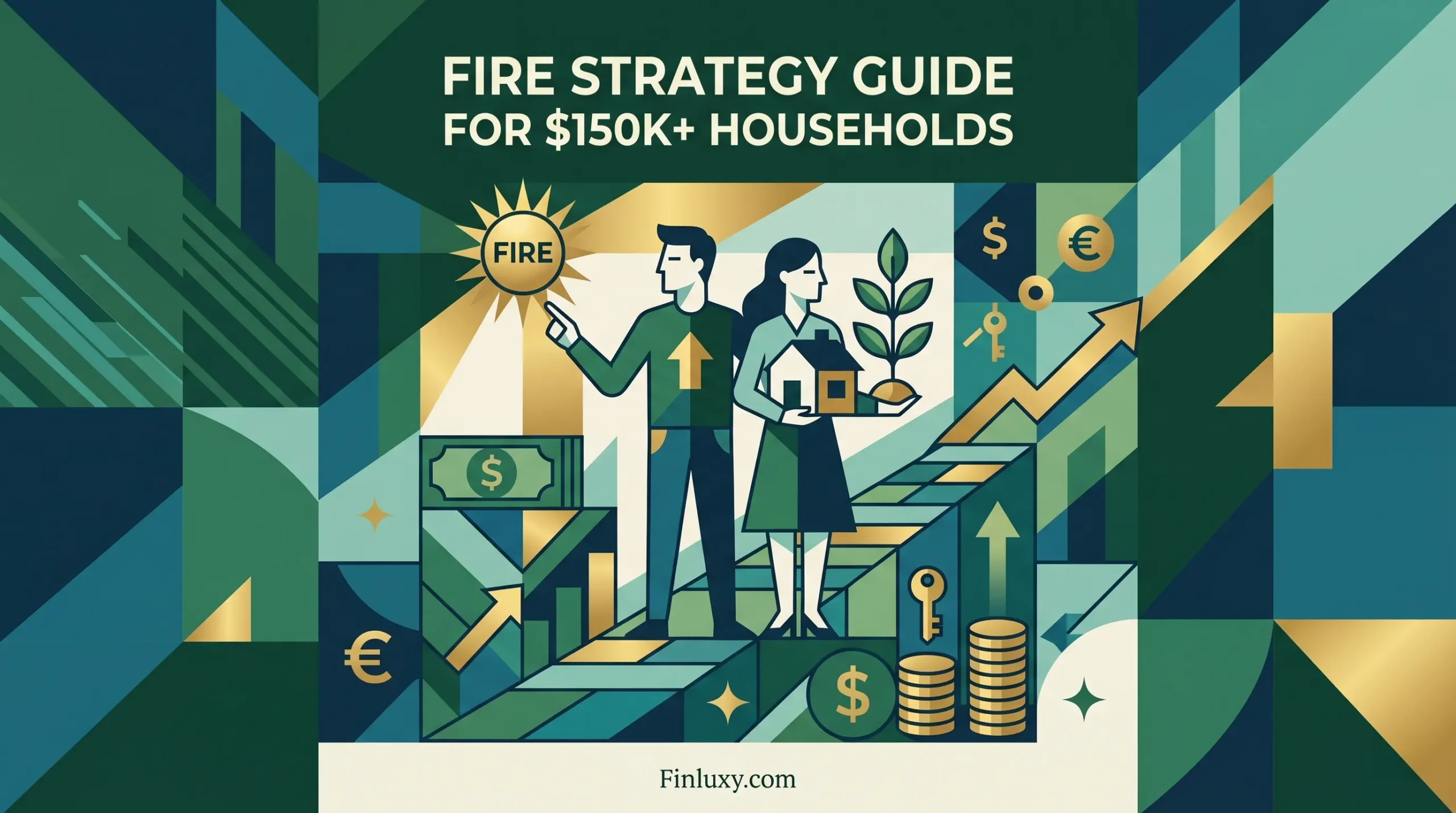 Geometric vector illustration of a couple navigating financial growth steps toward a shining sun labeled FIRE, in shades of green.