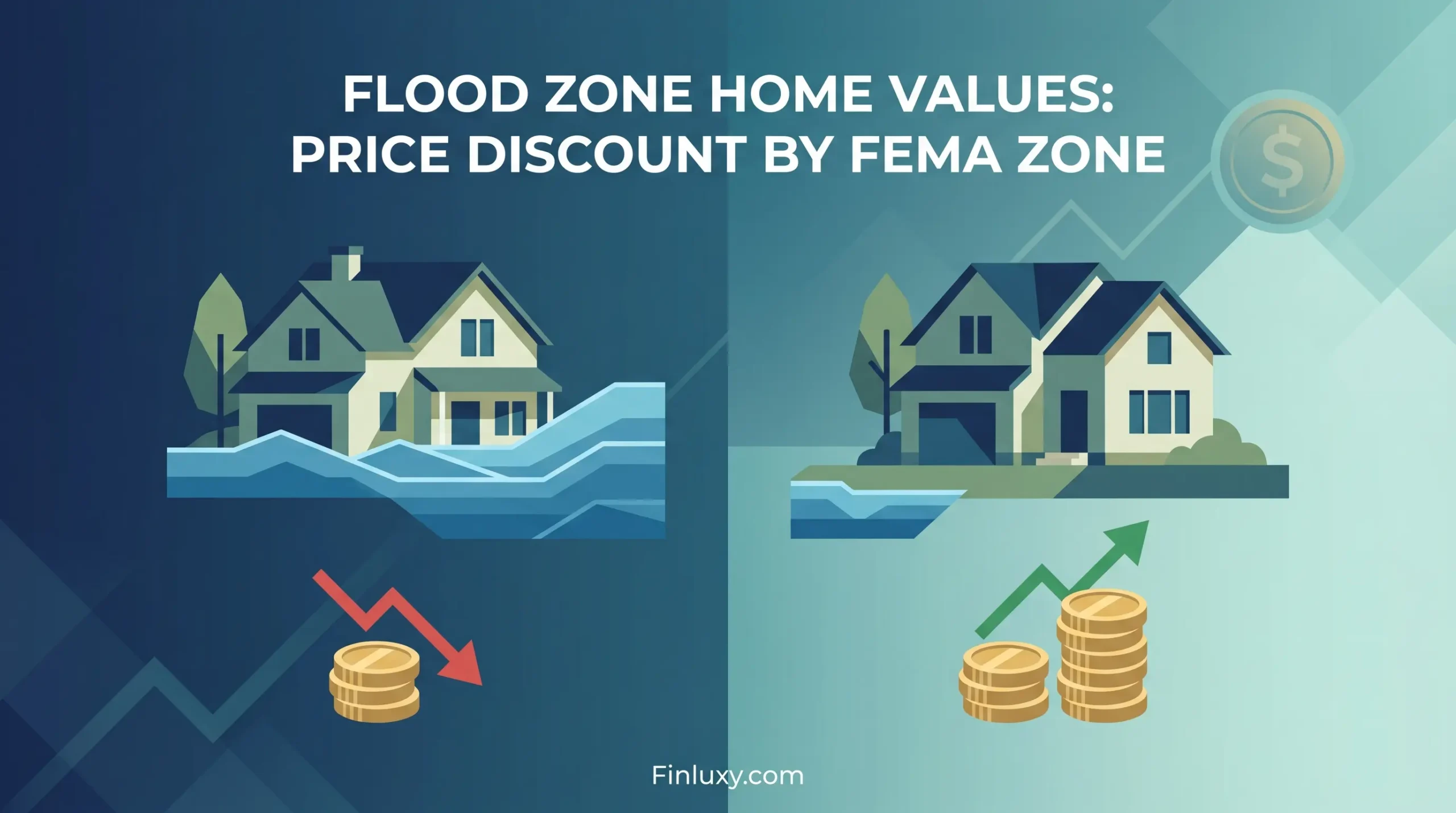Geometric vector illustration contrasting a flooded house with a price drop against a dry house with rising value.