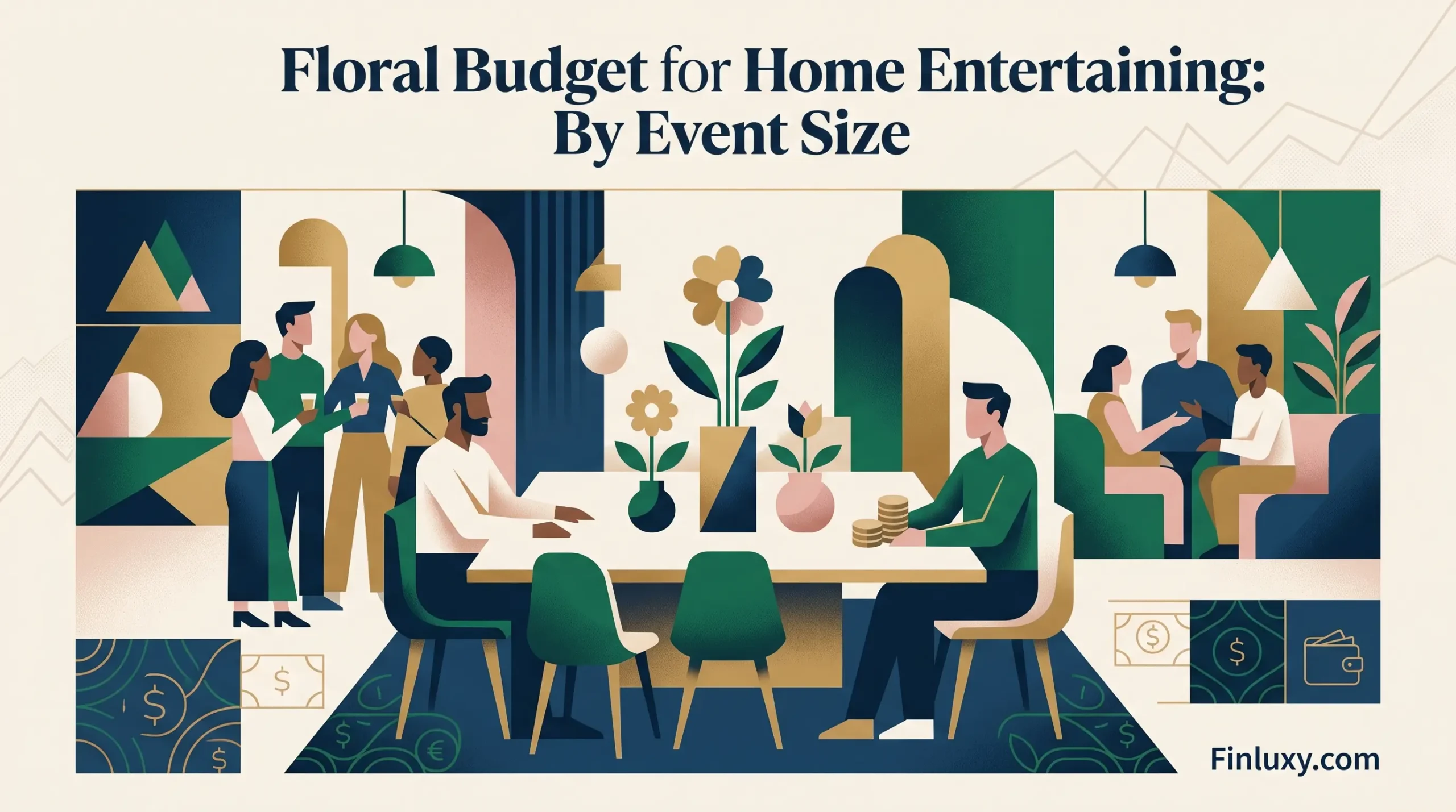 Geometric vector illustration of people gathering around tables with floral arrangements and subtle currency icons, in a minimal, premium style.