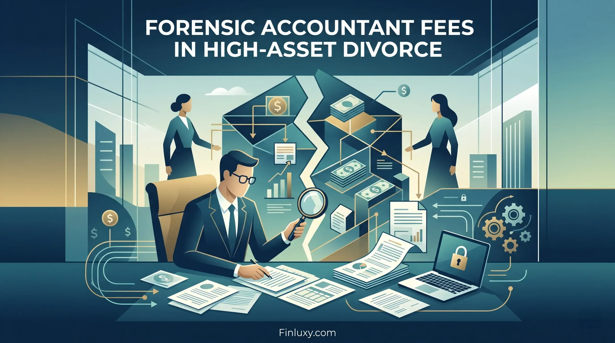 Geometric illustration of an accountant with a magnifying glass analyzing financial documents, with the Finluxy.com URL below.