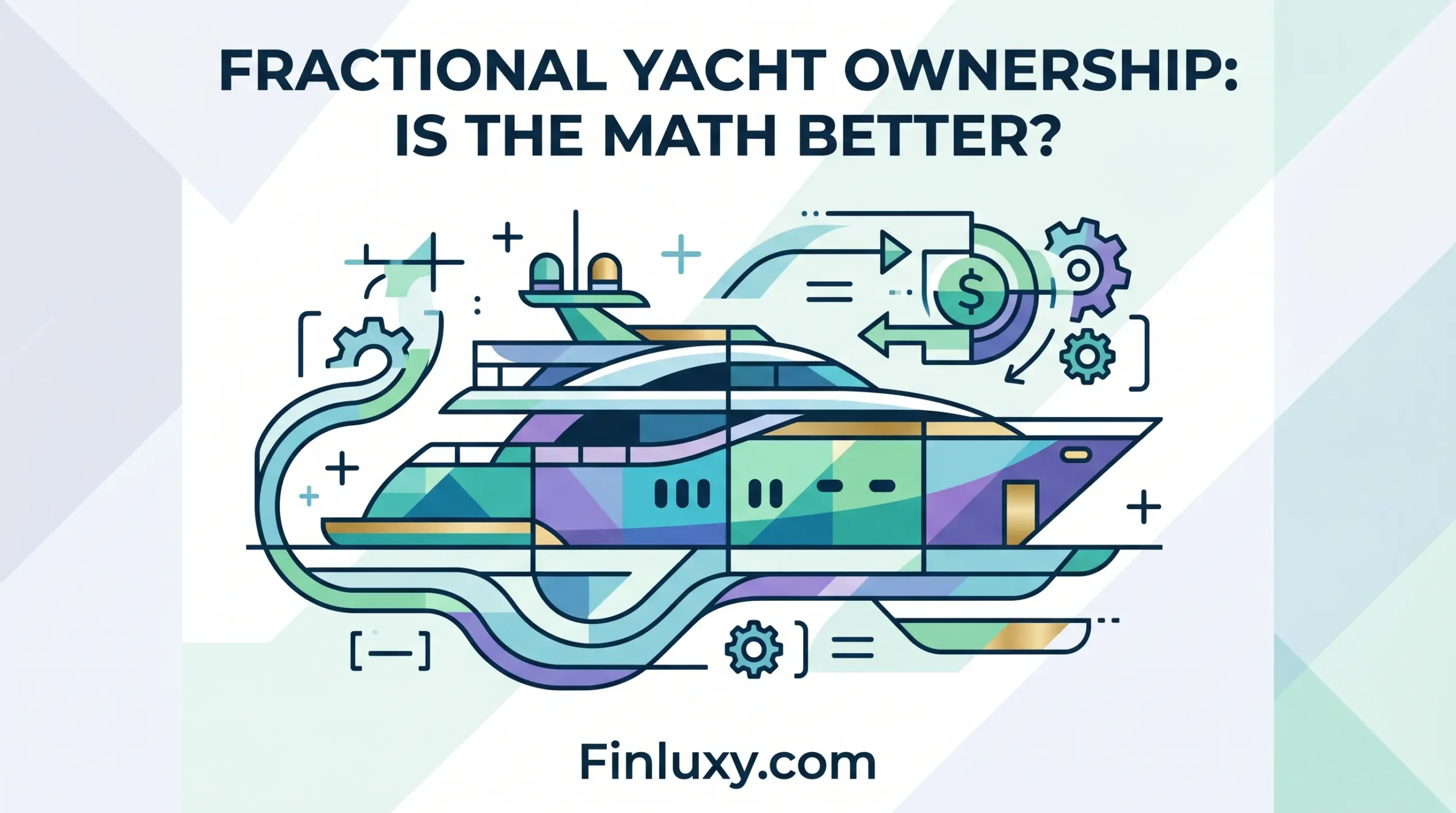 Minimalist geometric vector illustration of a segmented yacht featuring subtle abstract financial symbols and the Finluxy.com URL.