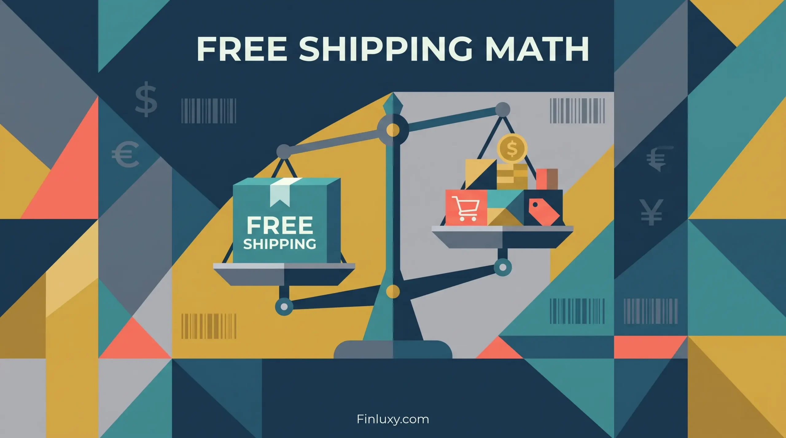 A geometric illustration of a balance scale with "FREE SHIPPING" boxes, representing the true cost of shipping.