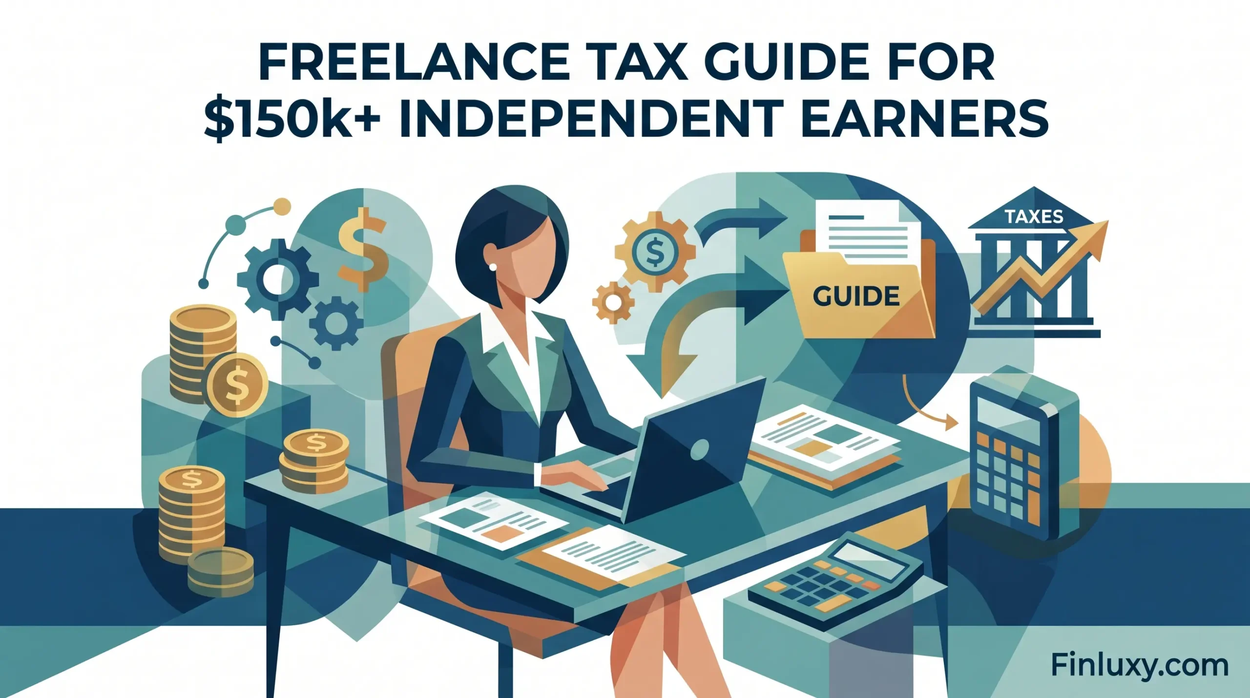 Geometric vector illustration showing a professional working at a desk, with icons representing a tax guide, money, and calculators.