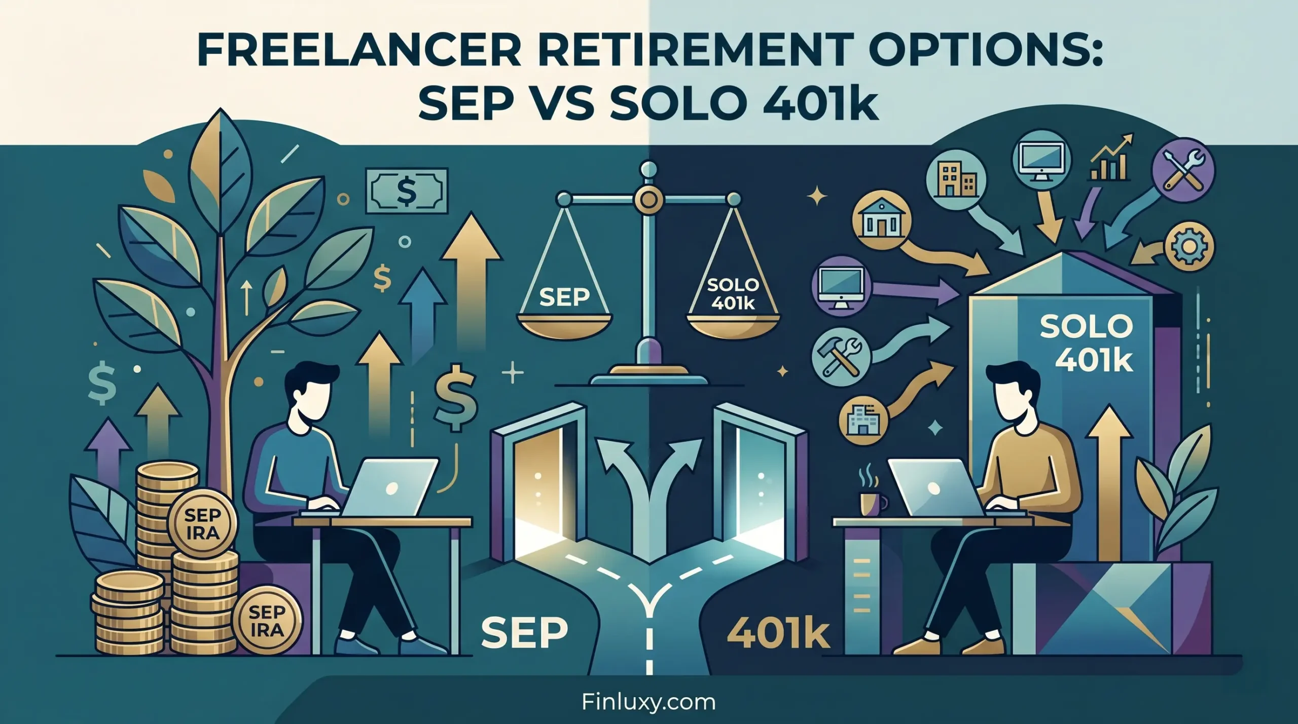A geometric illustration for a freelance finance blog comparing retirement options with a scale between SEP and Solo 401k.