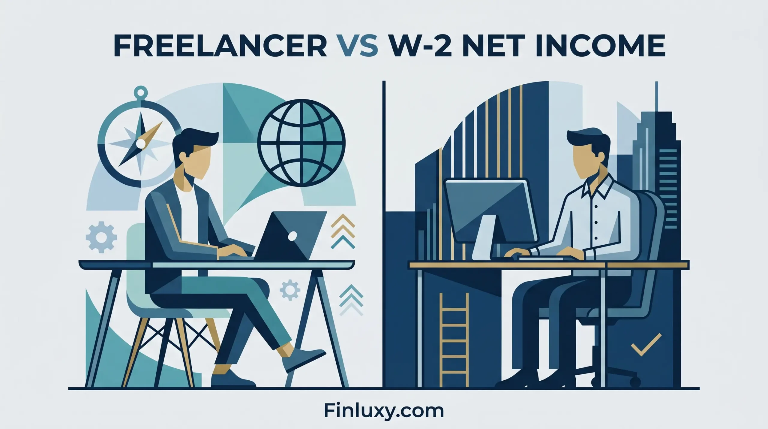 Modern vector illustration contrasting a freelancer working remotely and a corporate W-2 employee at a desk. Headline reads FREELANCER VS W-2 NET INCOME. Finluxy.com logo at the bottom.