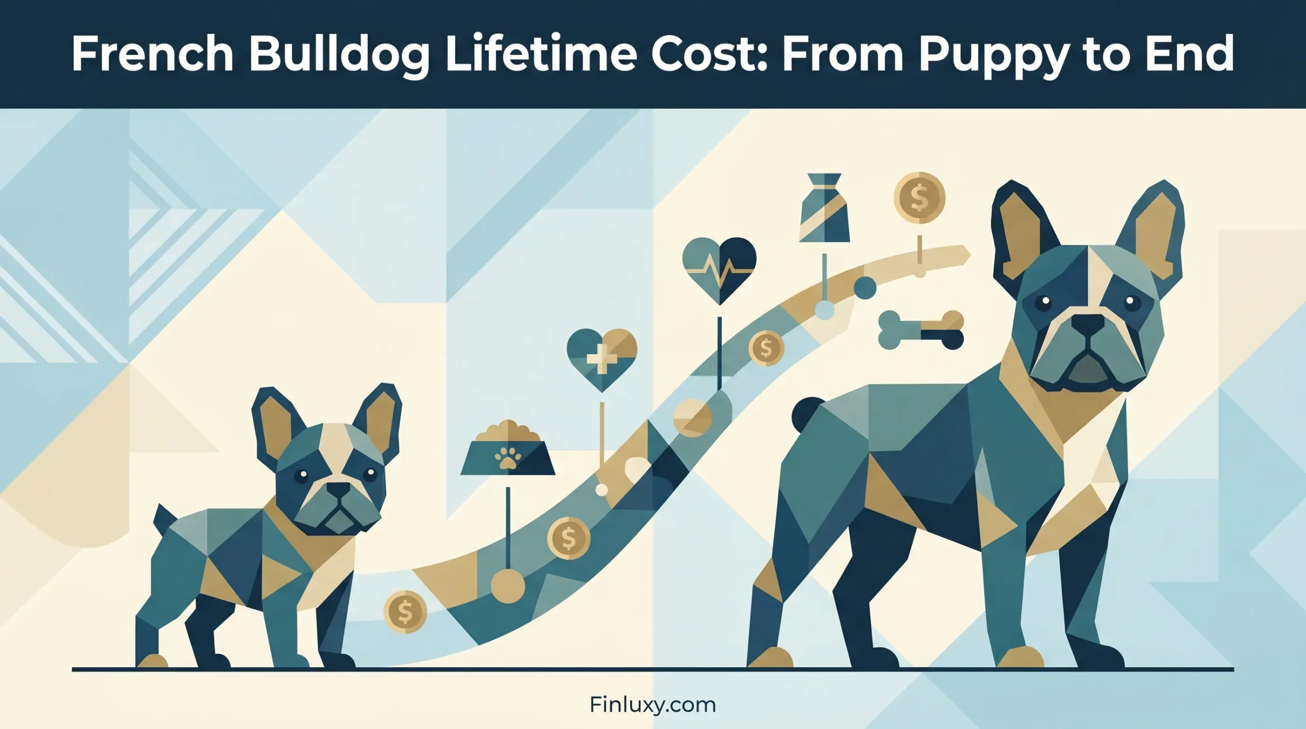 Geometric vector illustration showing a timeline of French Bulldog lifetime costs with icons for food, care, and savings.