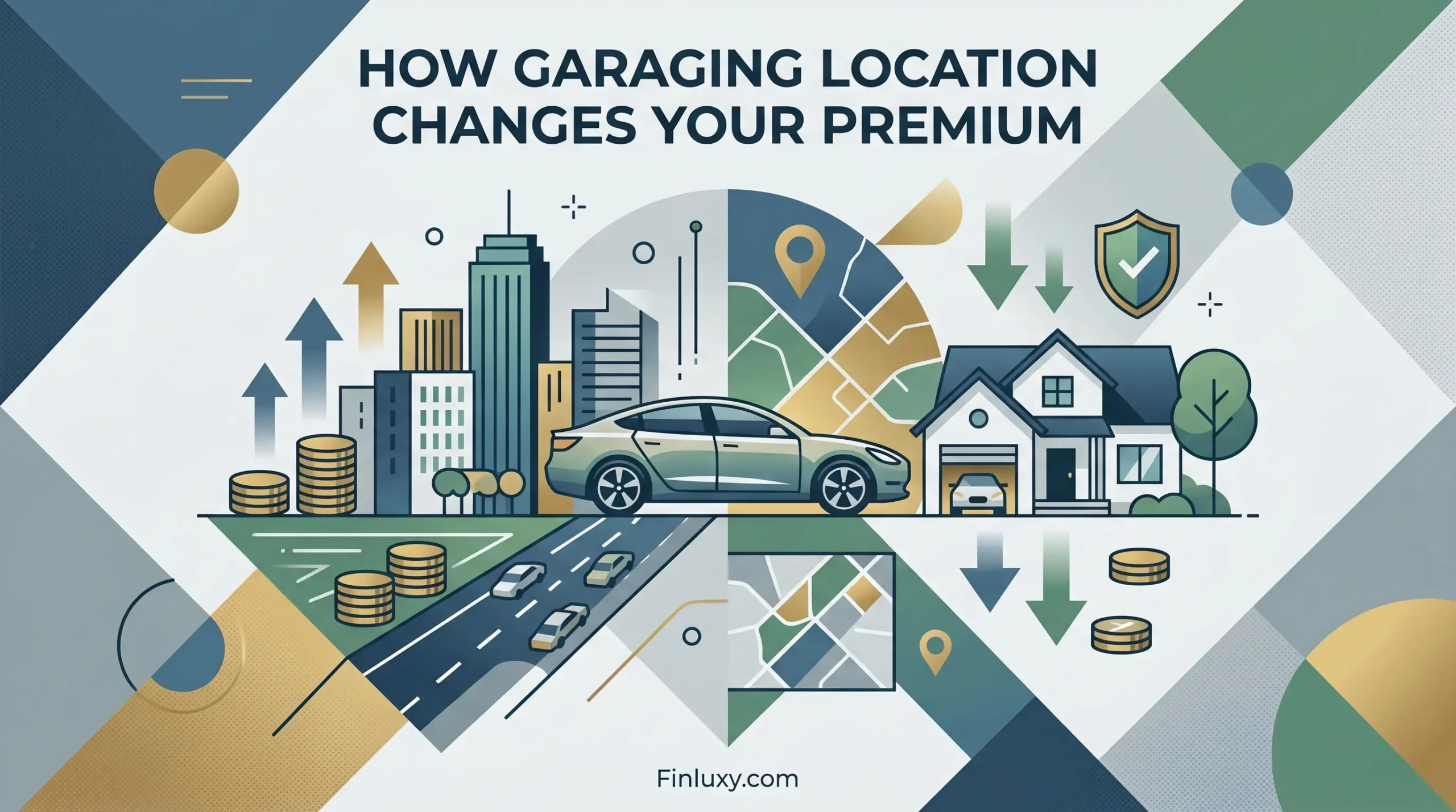 Geometric vector illustration for Finluxy.com showing how a car's location, between city or garage, impacts insurance premiums, with abstract icons.