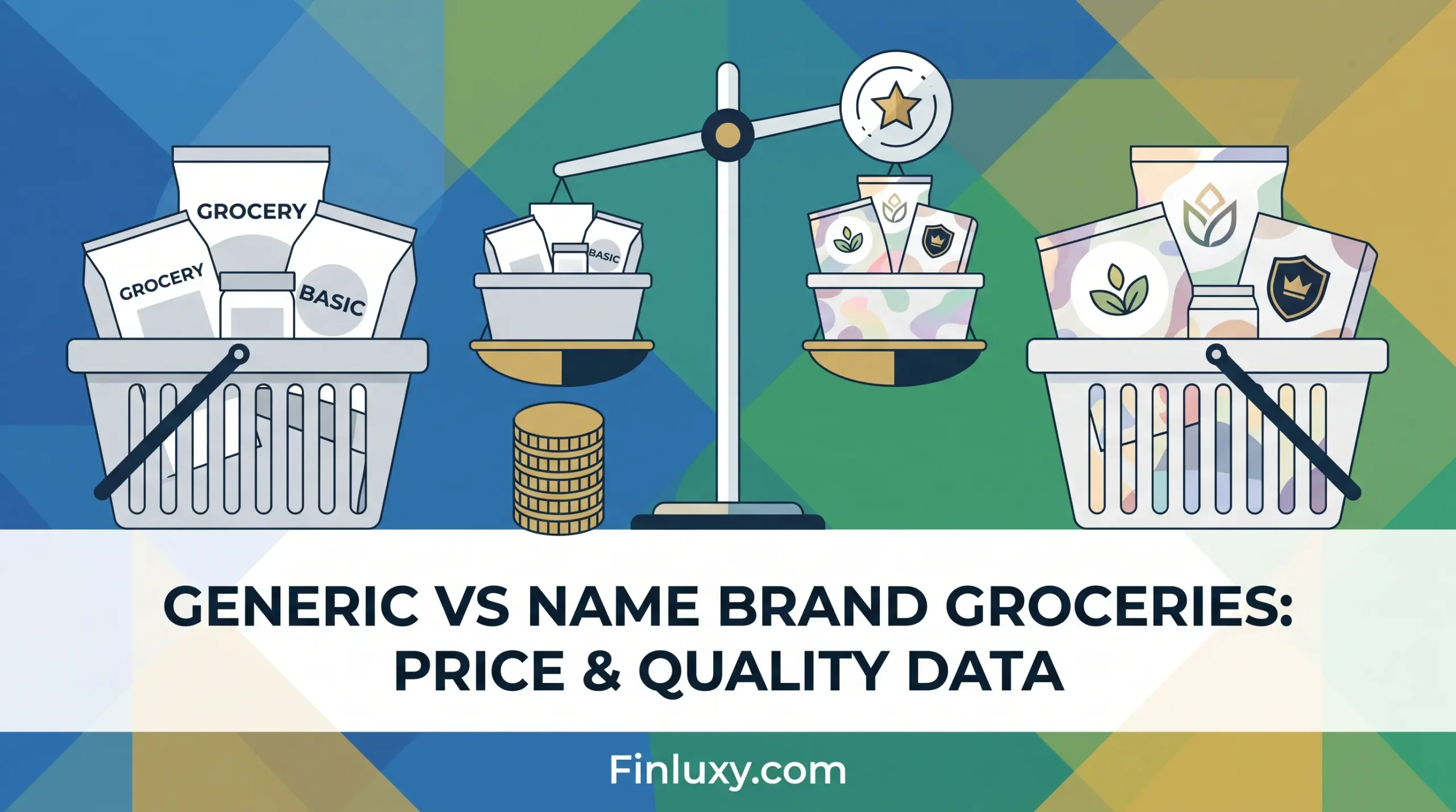 A modern vector illustration comparing generic and name brand groceries on a balancing scale, featuring the Finluxy logo.
