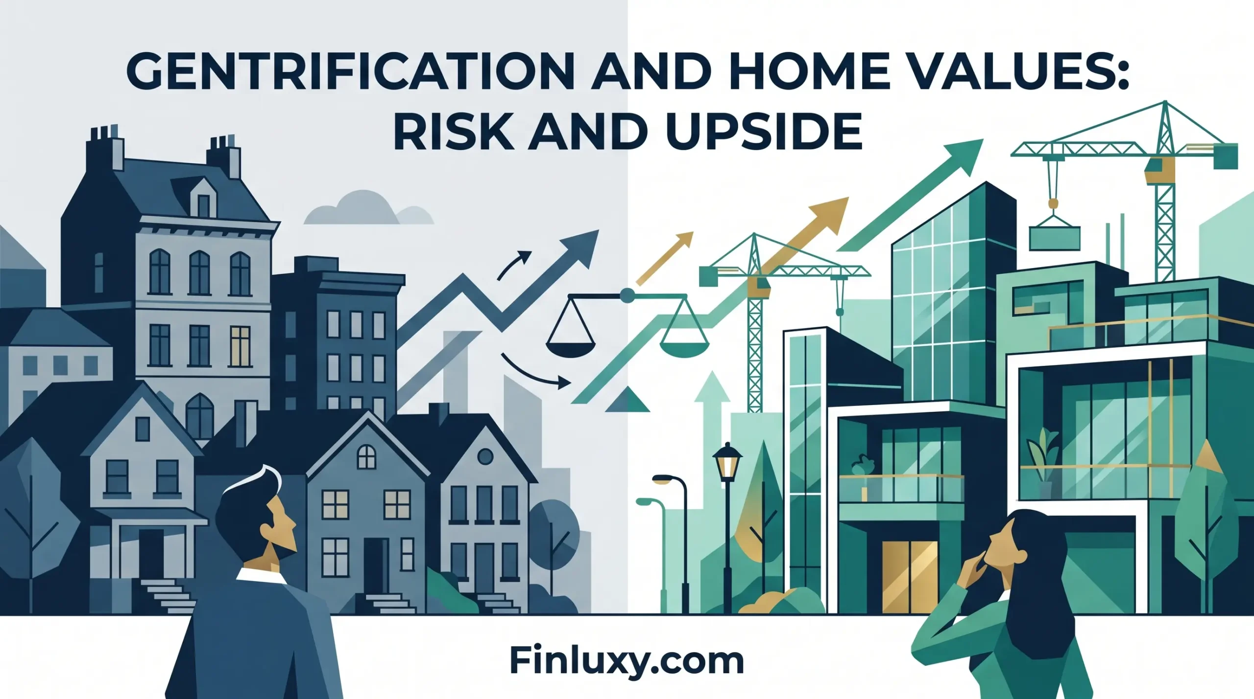 A split illustration contrasting a traditional neighborhood with a modern developing one, featuring stylized figures and rising arrows.
