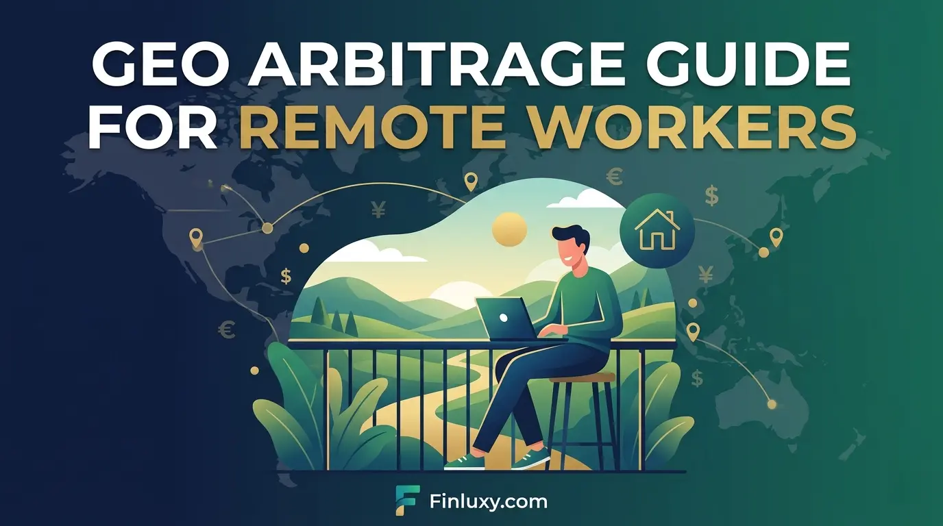 Geometric vector illustration of a remote worker with a laptop against a world map, featuring the text "Geo Arbitrage Guide for Remote Workers."