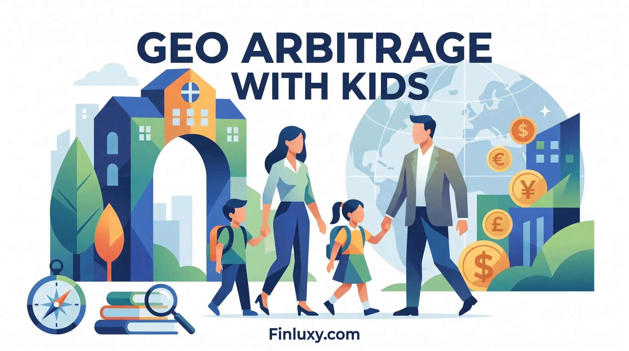 Geometric vector illustration of a family walking toward a stylized school globe backdrop, with the headline "Geo Arbitrage with Kids".
