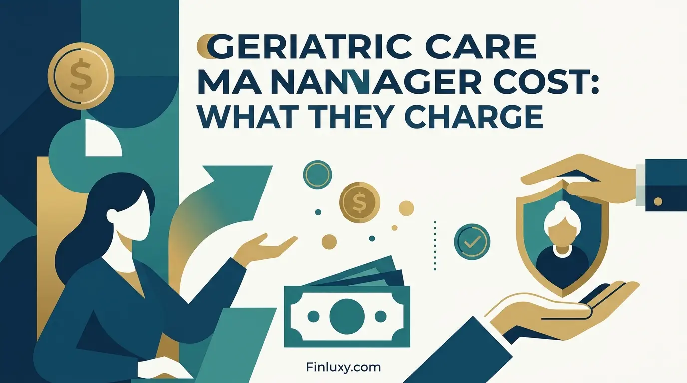 Geometric vector illustration about geriatric care costs, featuring abstract professionals, elder protection symbols, subtle finance elements, and the Finluxy.com logo.