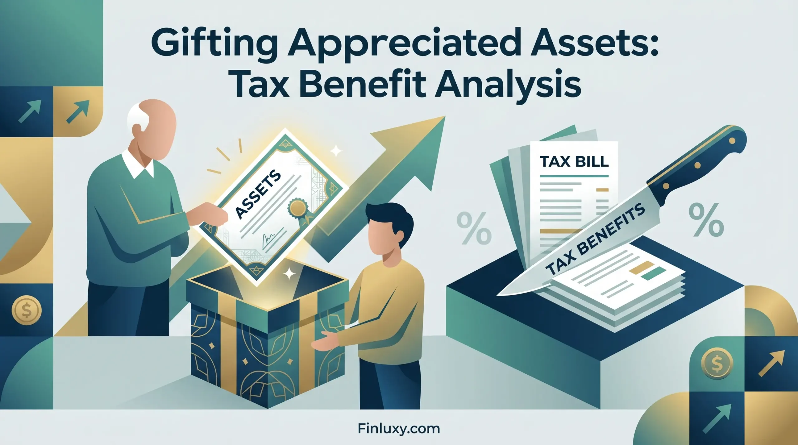 Geometric vector illustration of an older man gifting an asset certificate into a box for a younger man, reducing a tax bill.
