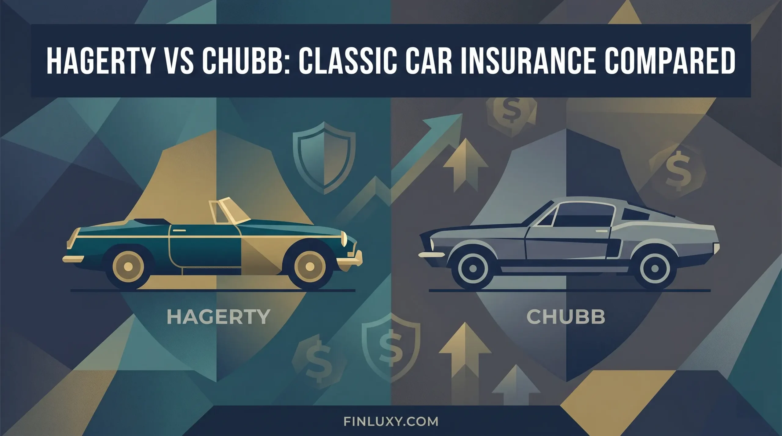 A geometric vector illustration comparing Hagerty and Chubb classic car insurance, featuring a vintage convertible and a muscle car against a stylized, split background.