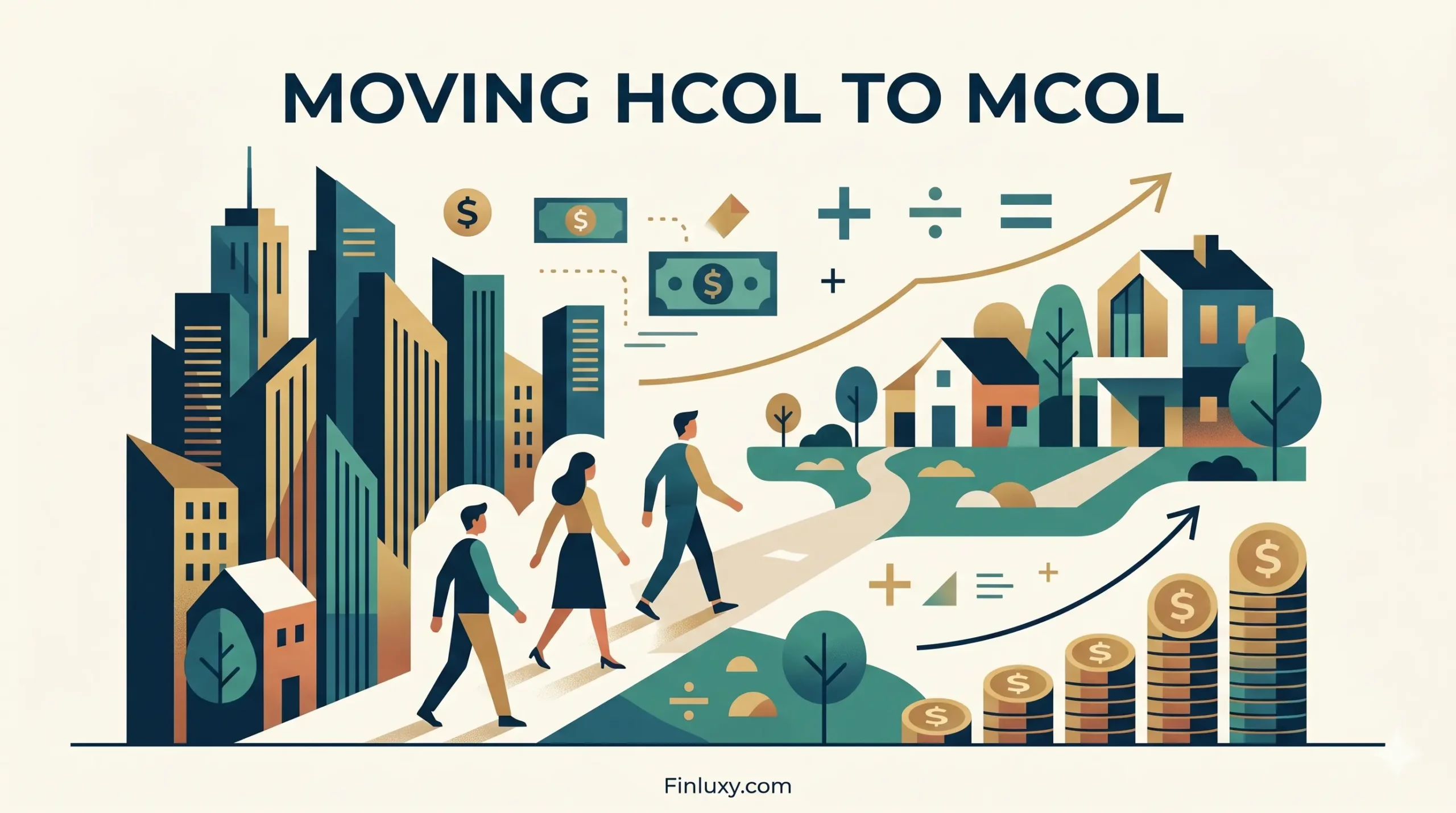 Geometric vector illustration showing a path from high-rise city buildings to suburban homes, featuring rising coins and the text "Finluxy.com".