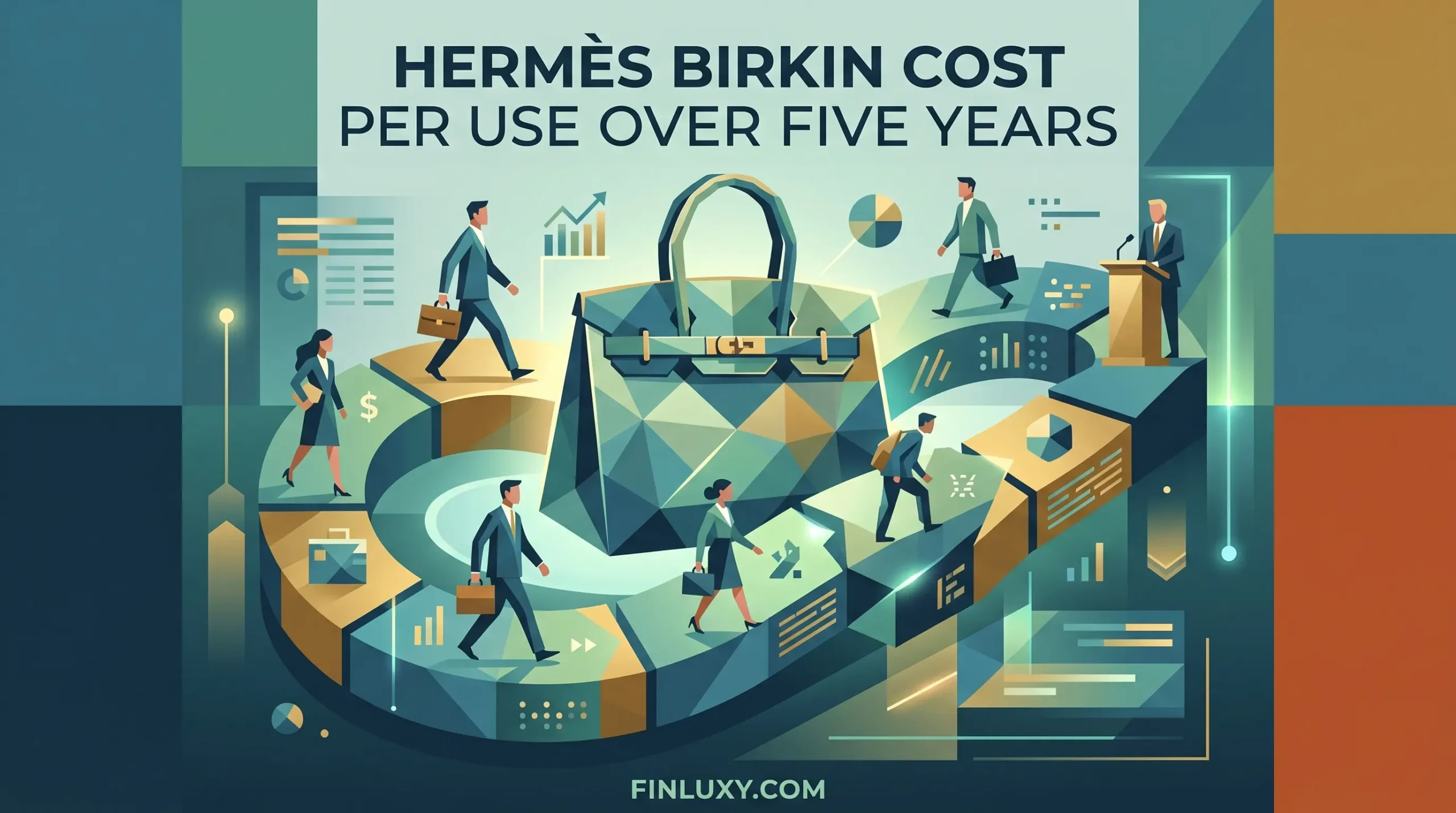 Geometric illustration showing a stylized Hermès Birkin bag and professionals analyzing its five-year financial value.