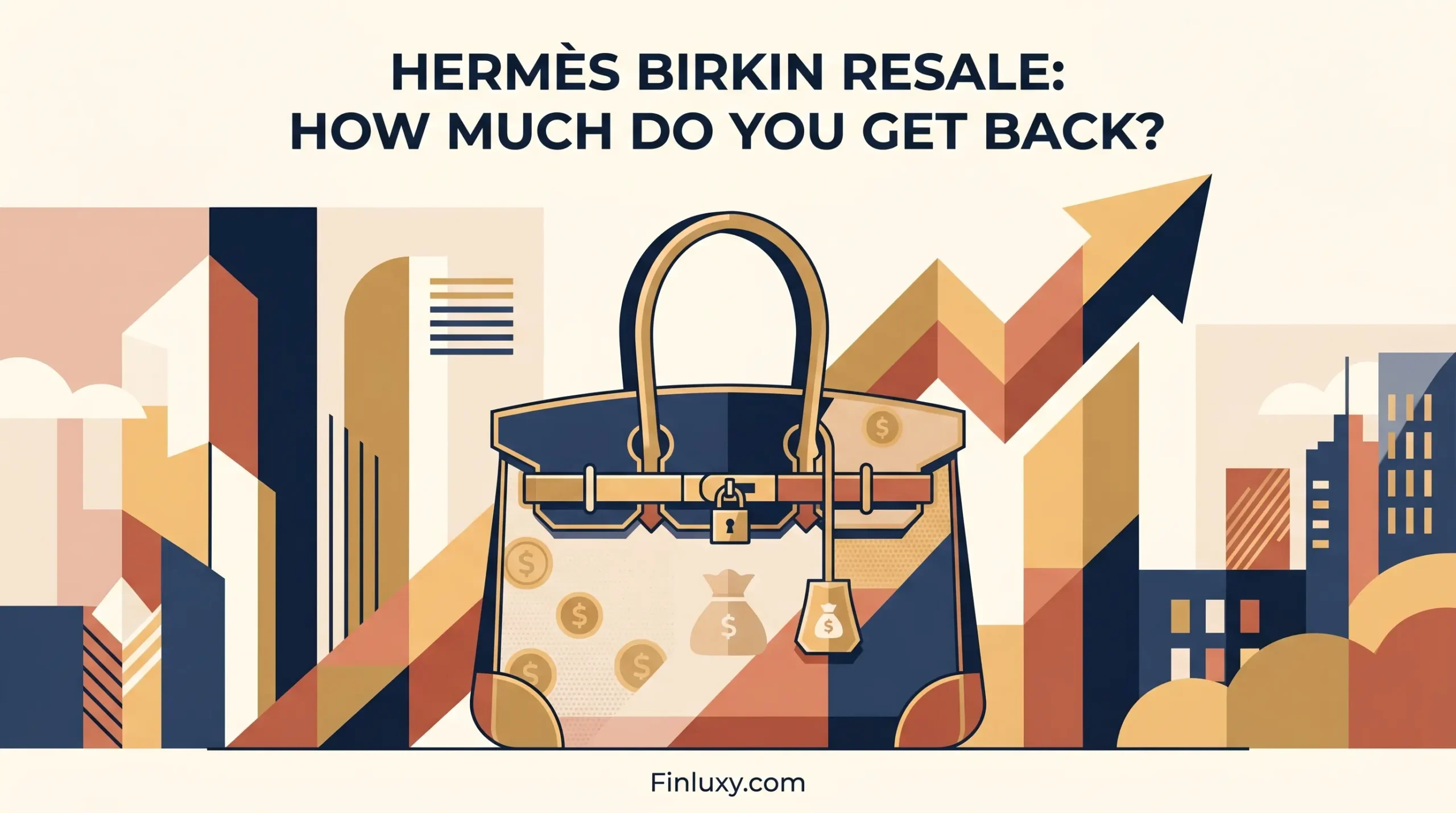 Minimal geometric vector illustration of a luxury handbag against an upward financial arrow backdrop for a Finluxy article.