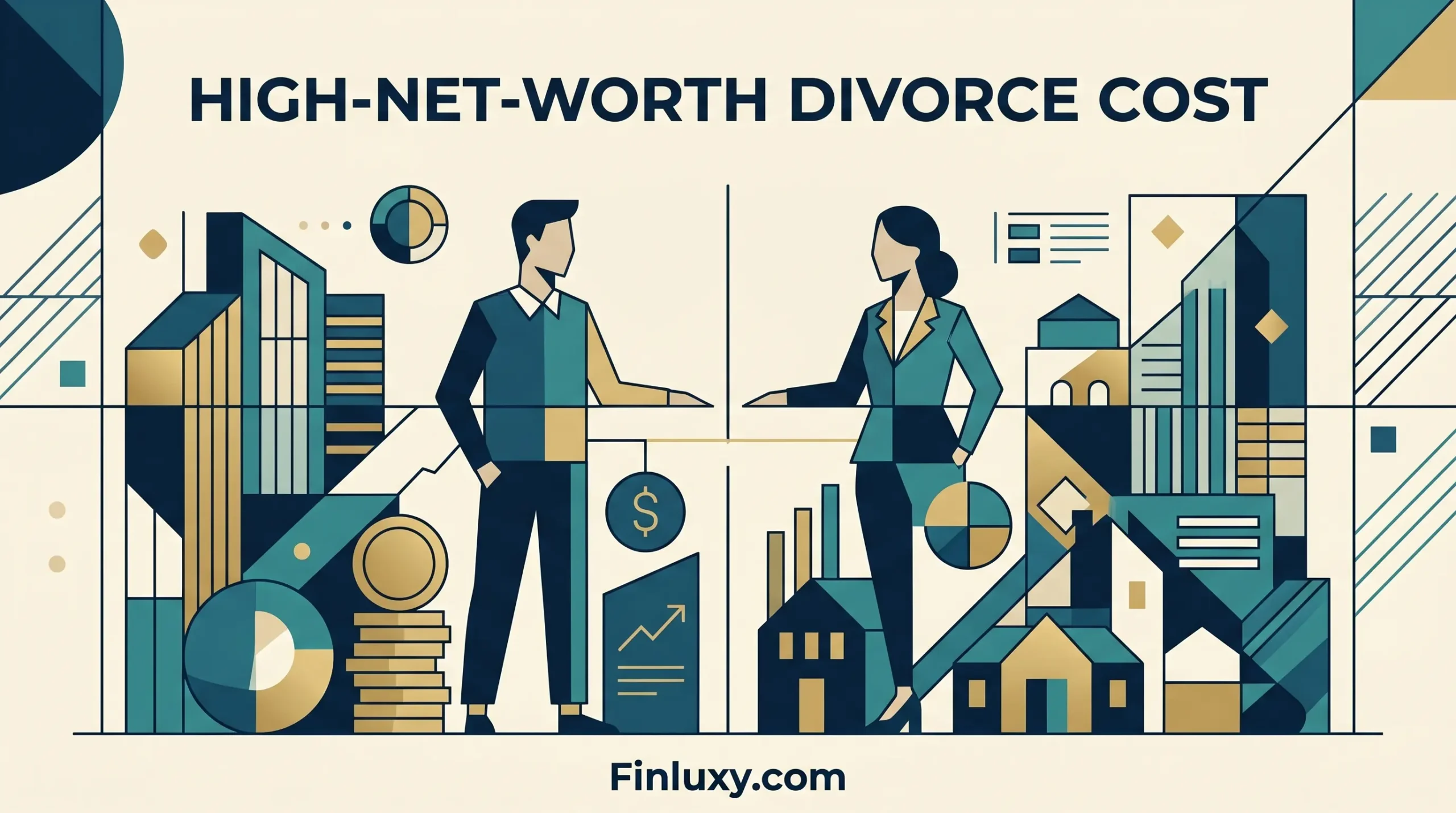 Geometric illustration of a separated couple divided by a line, surrounded by abstract financial assets and property.