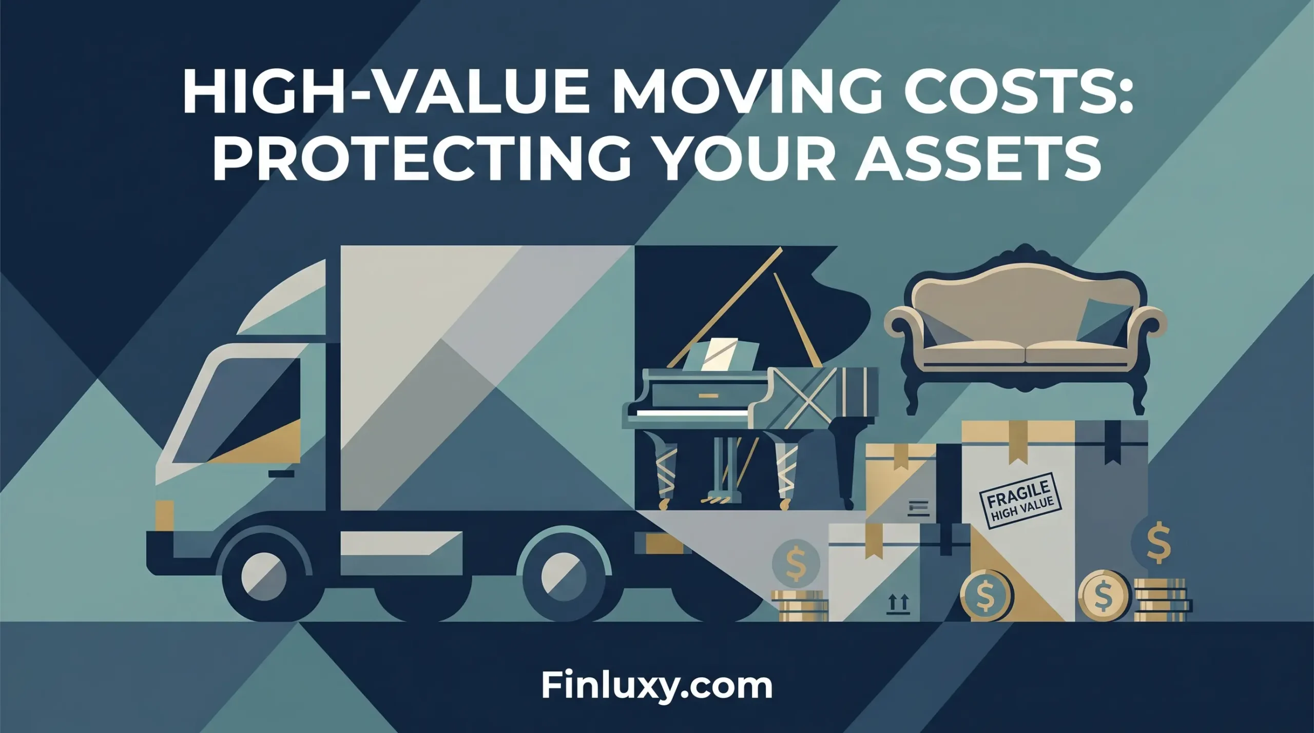 A geometric illustration of a moving truck alongside high-value items, such as a piano and an antique sofa, with dollar symbols.