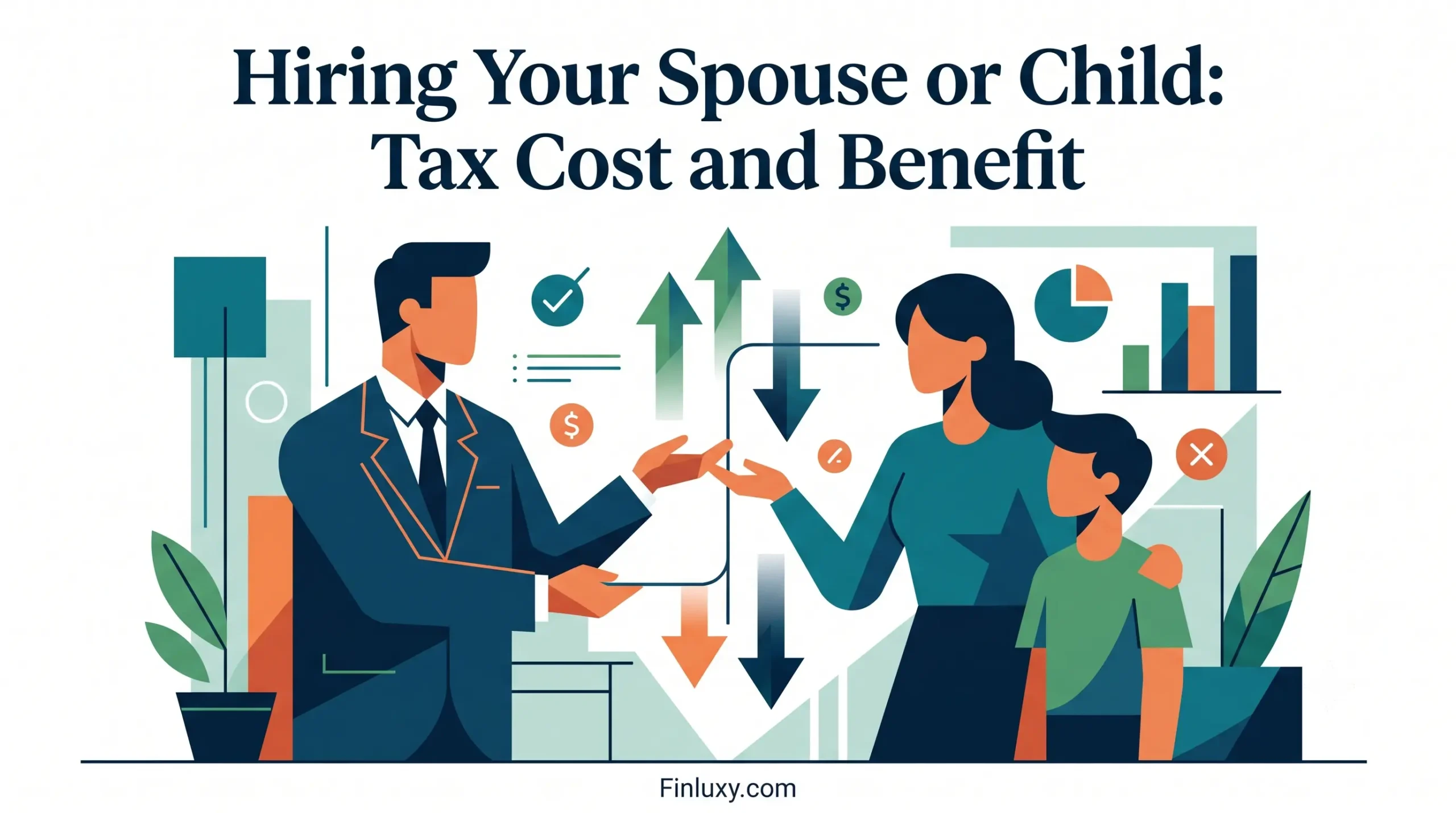 A geometric illustration of a family discussing financial strategy, featuring text about tax implications of hiring a spouse or child.
