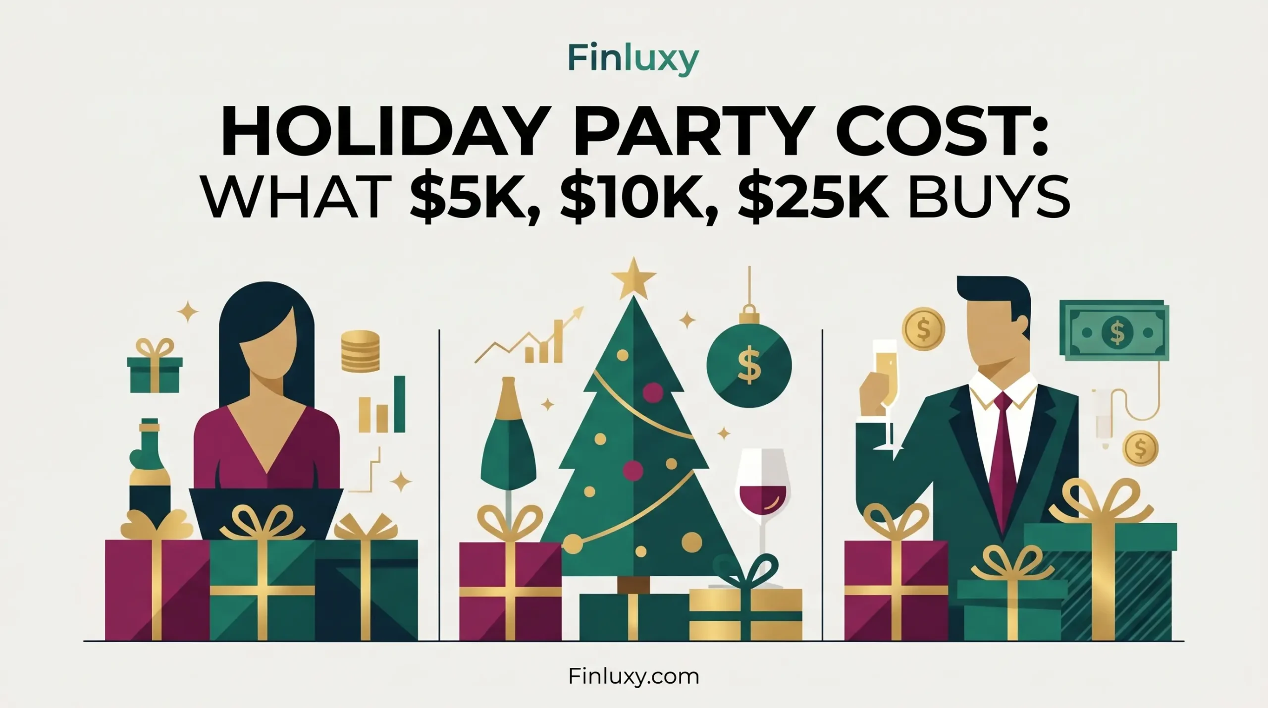 Geometric illustration showcasing holiday party budgets with minimalist figures, gifts, and a stylized Christmas tree in green and gold tones.