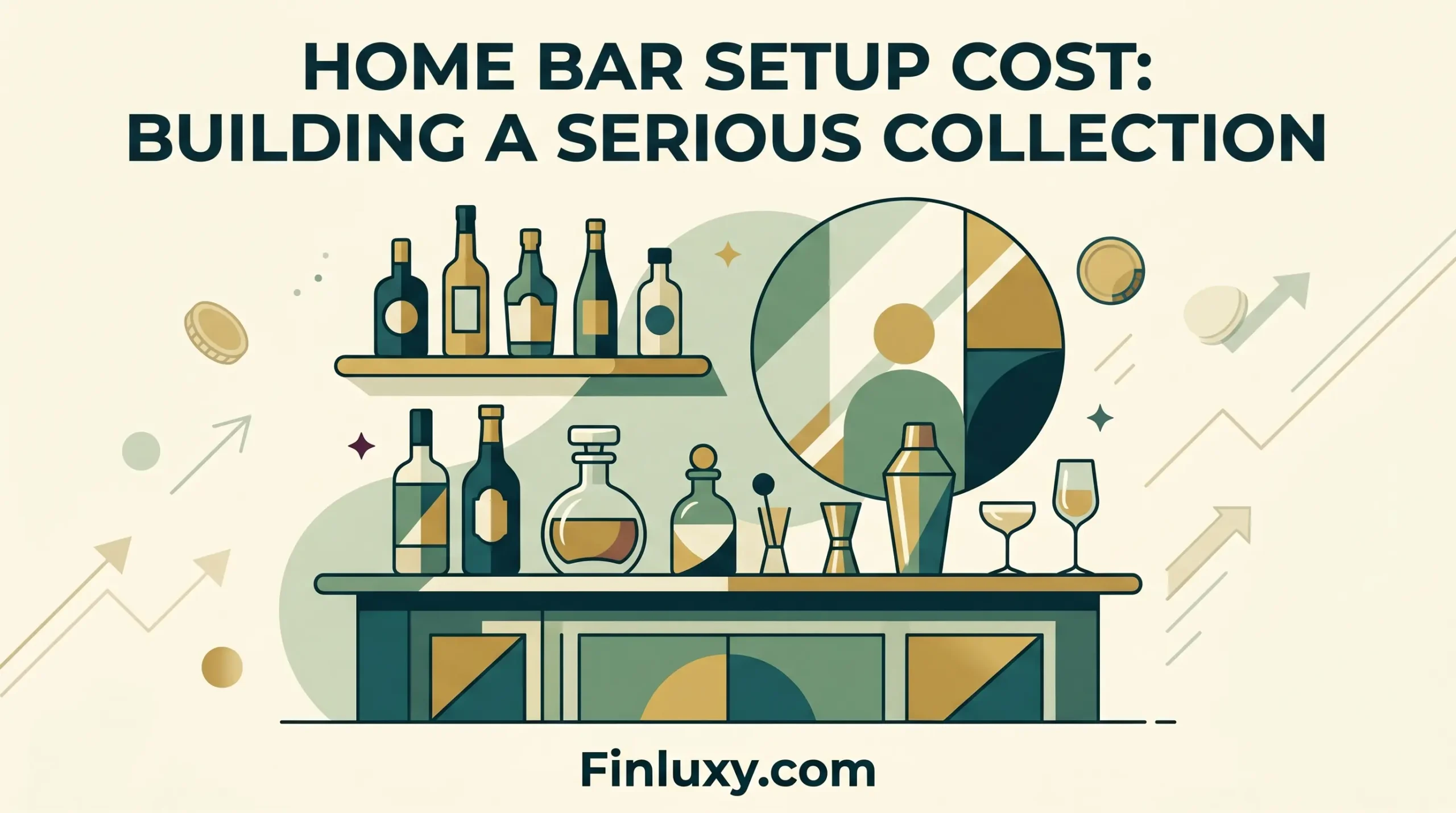 Geometric vector illustration of a home bar with bottles and glasses, featuring the headline "Home Bar Setup Cost" and Finluxy.com.
