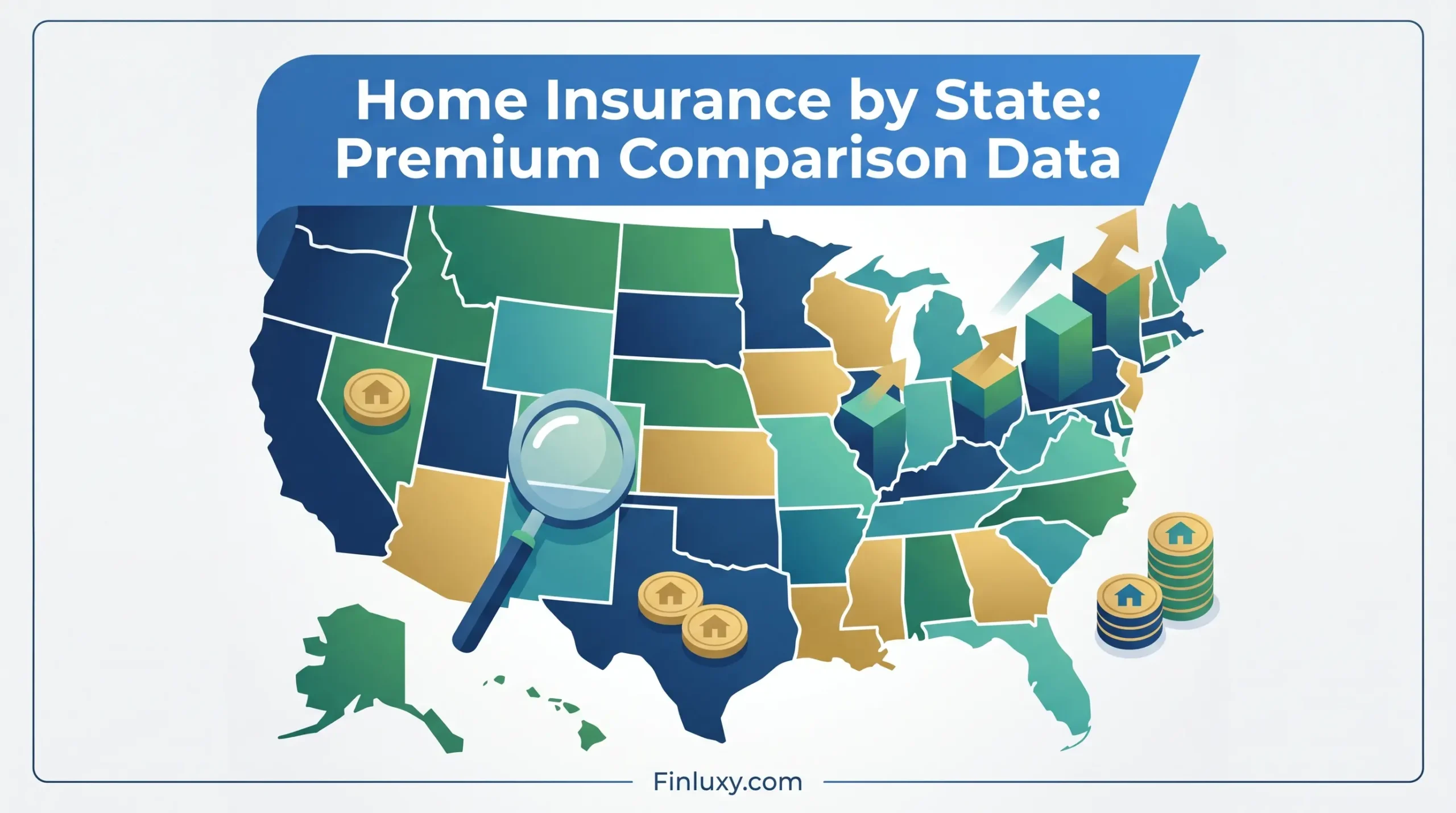 A stylized map of the US with a magnifying glass, bar charts, and house coins, comparing home insurance premiums.