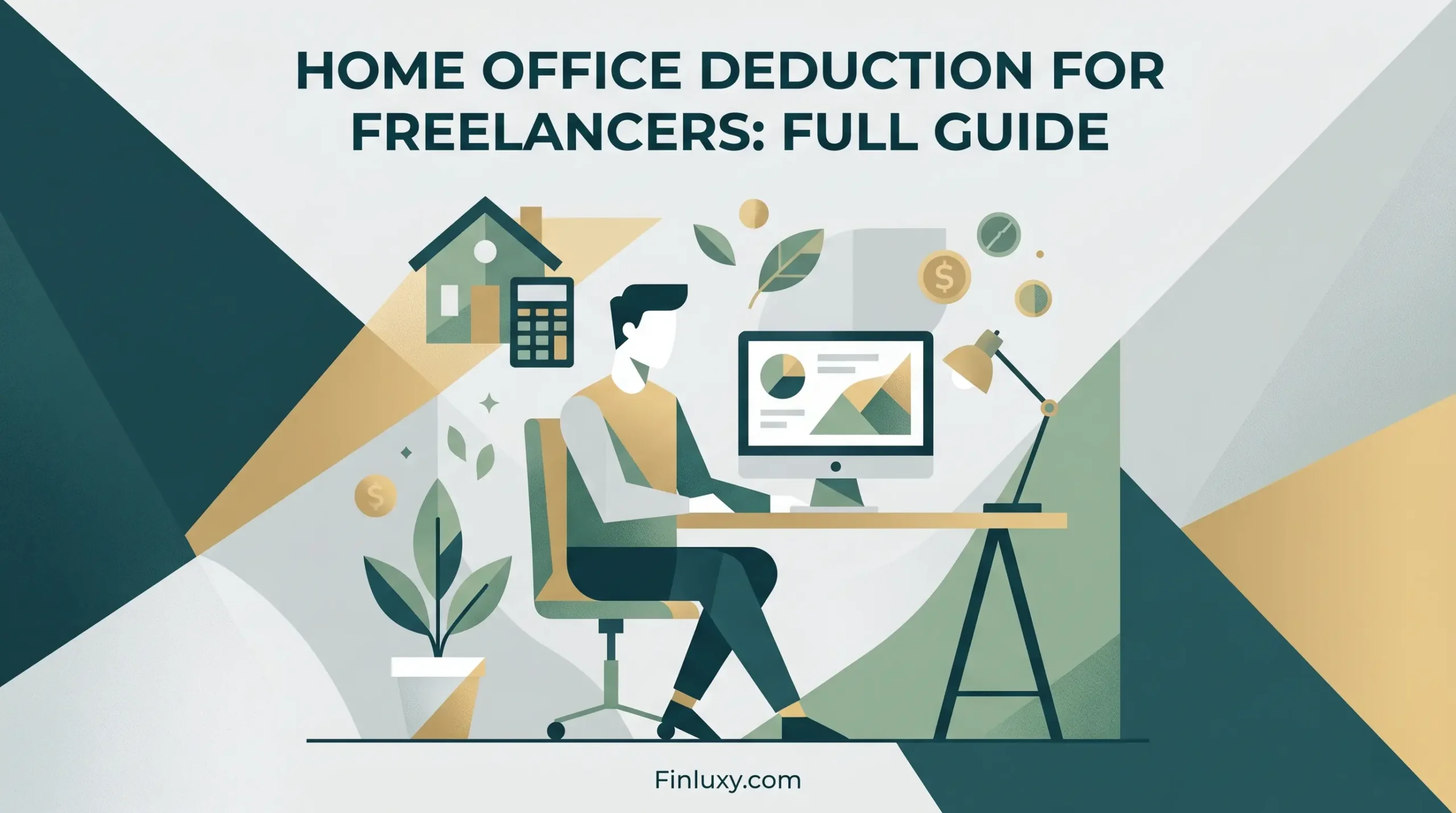 Geometric vector illustration of a freelancer working at a desk, with icons for a house, calculator, and money.
