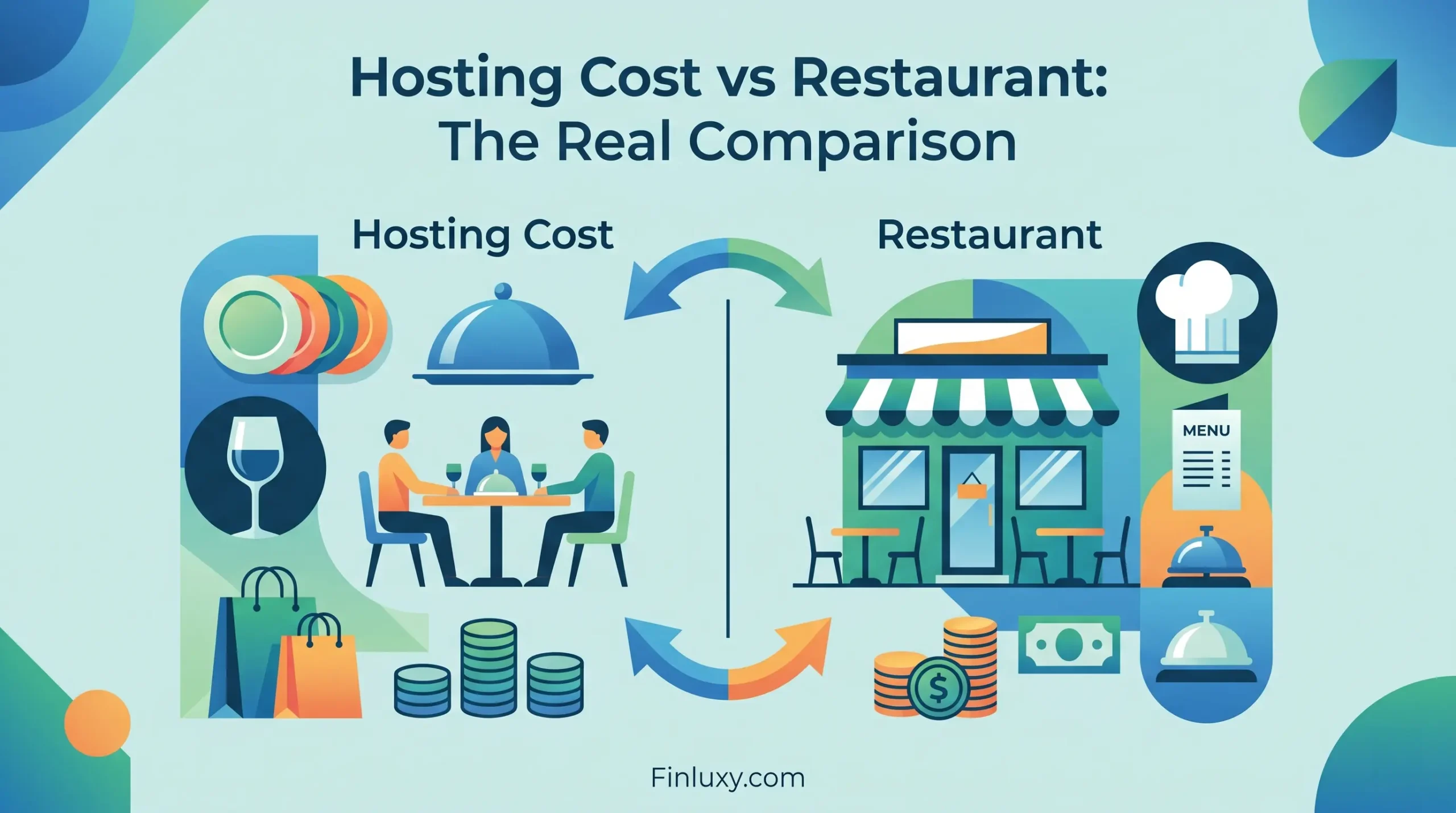 Vector illustration comparing hosting and restaurant costs with dinnerware, a home setting, storefront, menu, and money icons.