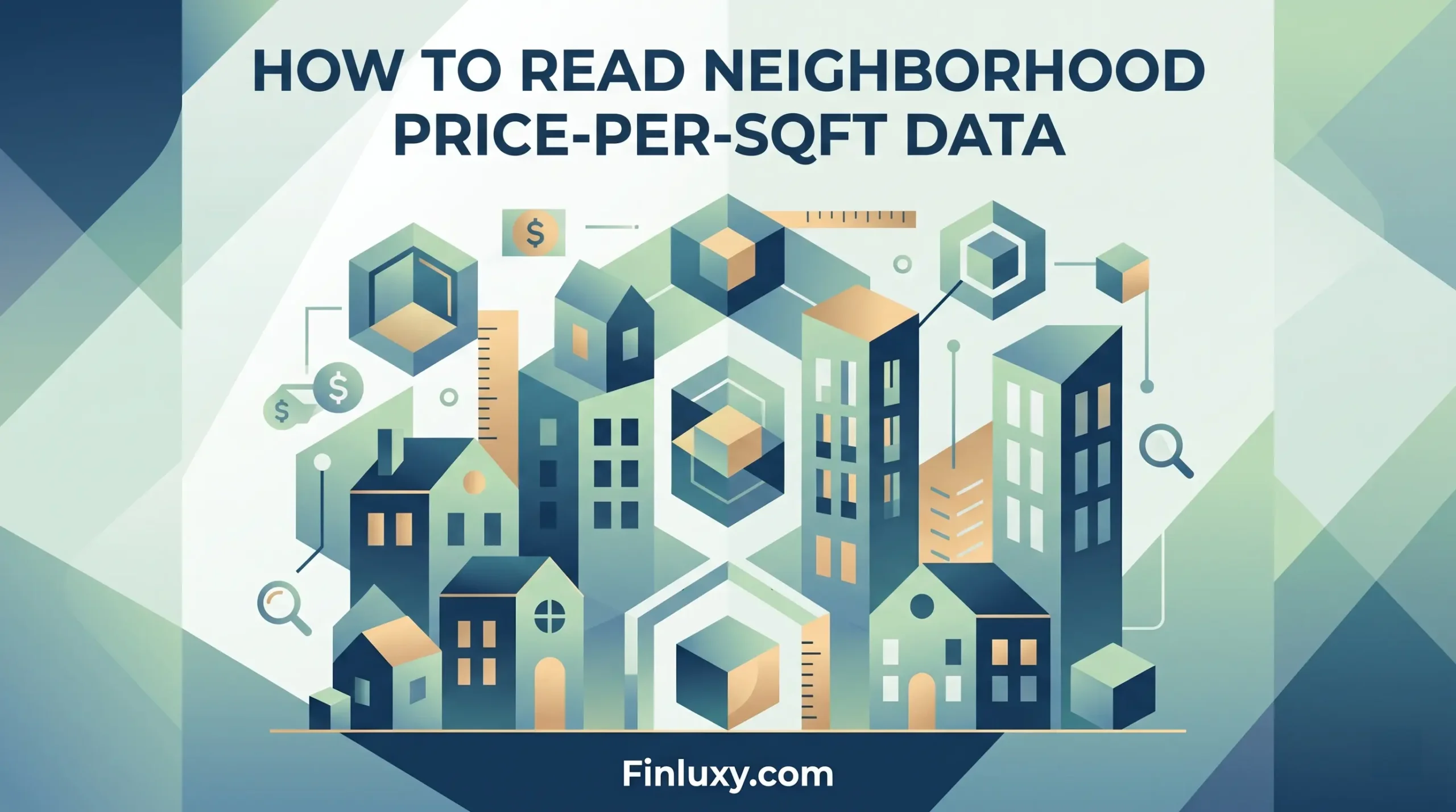 Geometric vector illustration visualizing neighborhood real estate data, with abstract houses, dollar signs, and measurement icons for price-per-square-foot analysis.