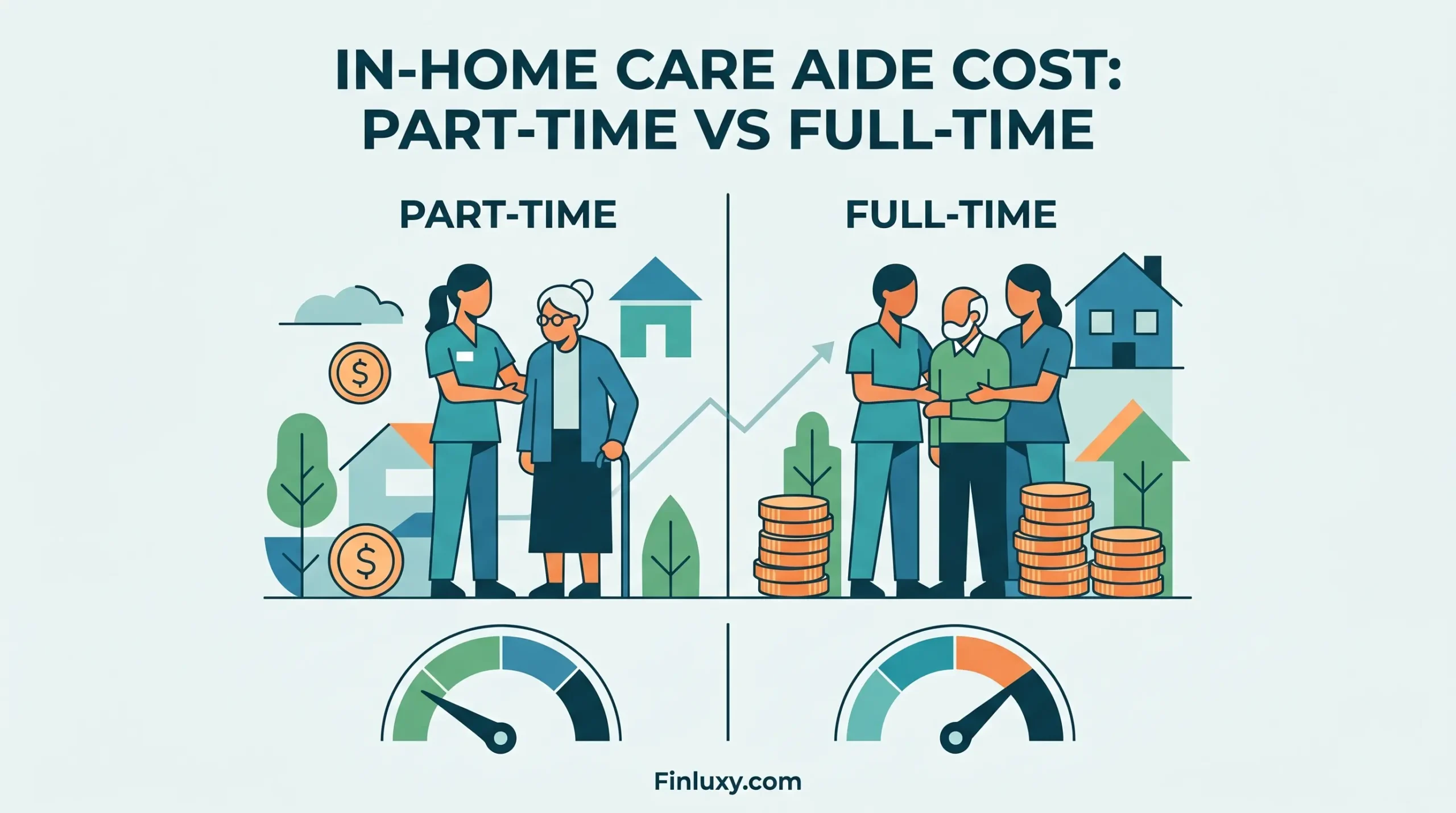 A geometric illustration comparing the costs of part-time and full-time in-home care aides, featuring caregivers, seniors, and money icons.