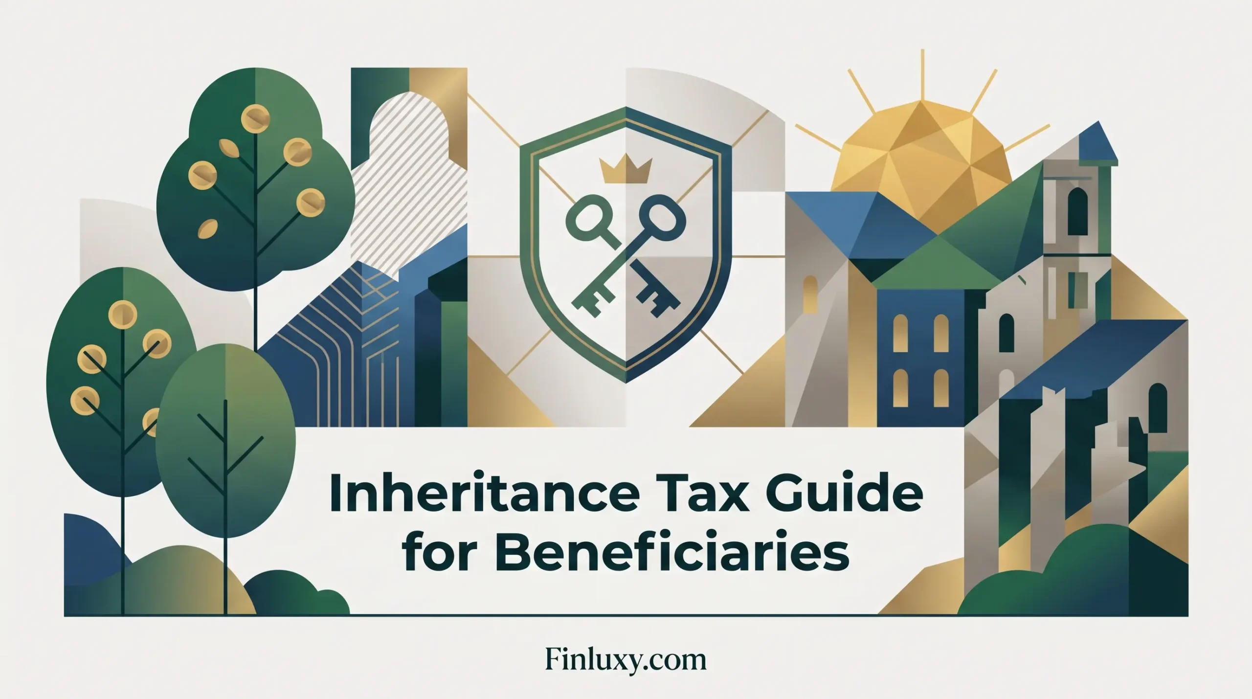 ALT TEXT: Geometric vector illustration featuring a shield with crossed keys, abstract houses, and trees, titled "Inheritance Tax Guide for Beneficiaries."