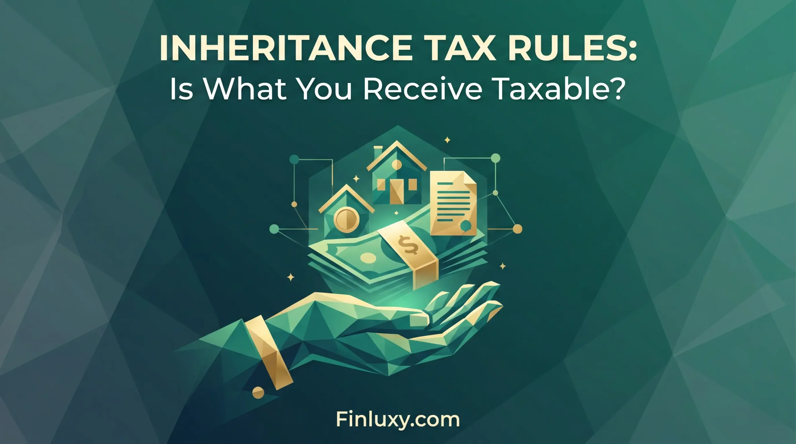 A geometric vector illustration showing a hand holding a house, paper, and cash, with the title "Inheritance Tax Rules".