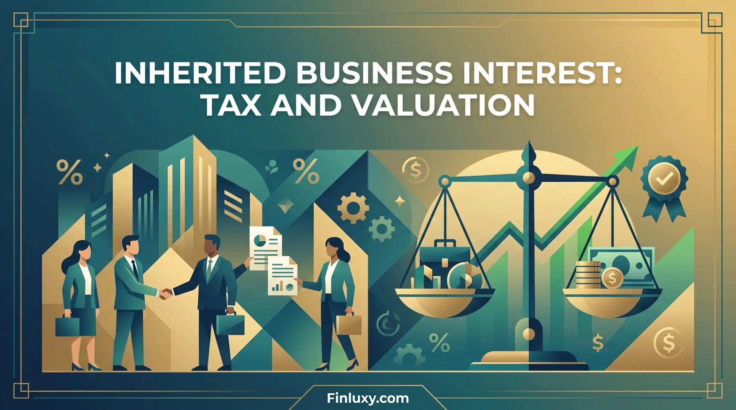 Geometric illustration of business owners, city buildings, and a balancing scale with money, representing valuation and tax. Finluxy.com at bottom.