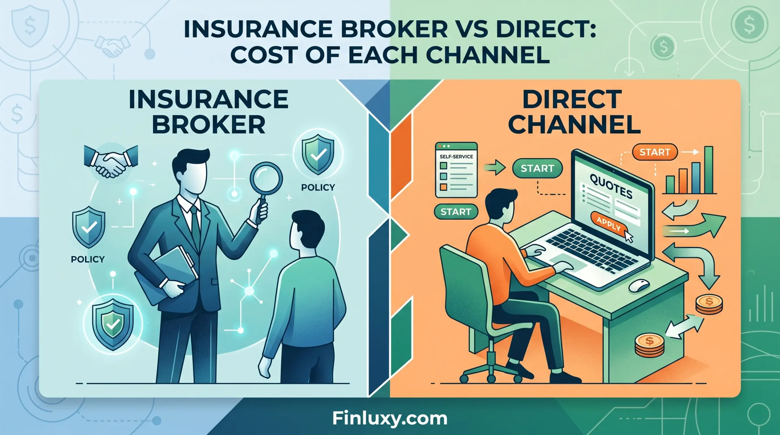 Geometric vector illustration comparing a broker assisting a client with buying insurance directly online, featuring the headline and "Finluxy.com".