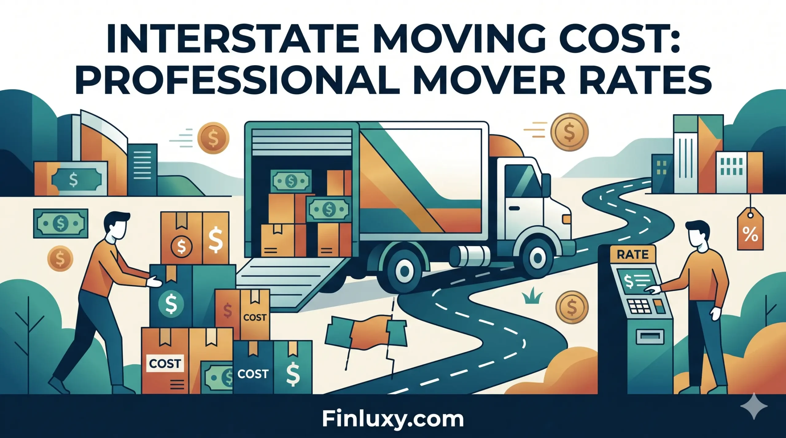 Geometric vector illustration of a moving truck, cardboard boxes, and abstract figures, representing interstate moving costs and professional mover rates.