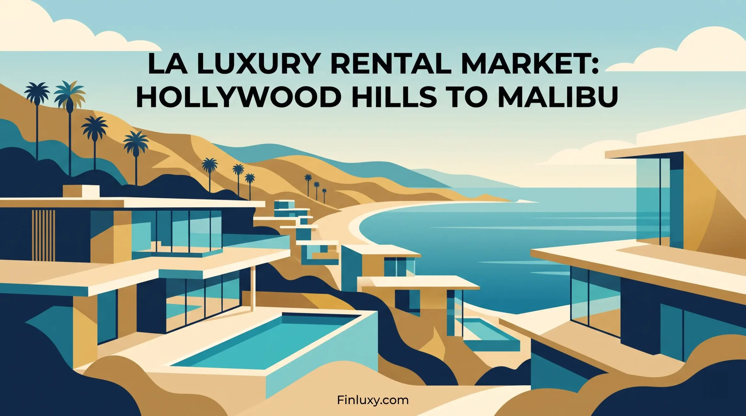Geometric vector illustration of luxury coastal villas overlooking a beach, with headline text about the LA luxury rental market.