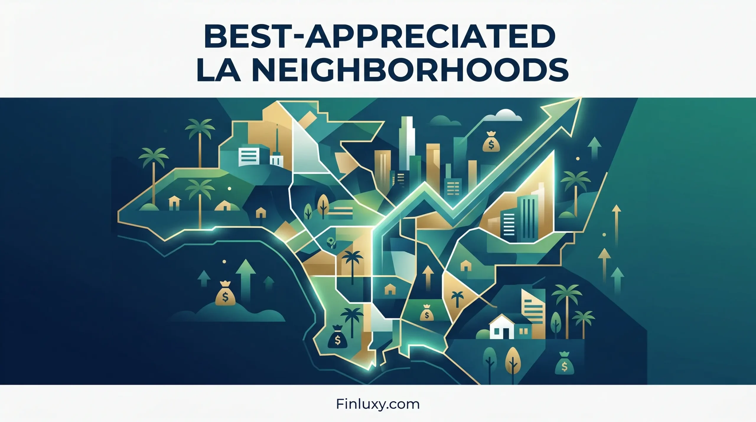 Modern geometric illustration of a Los Angeles map with an upward arrow highlighting neighborhood real estate appreciation.