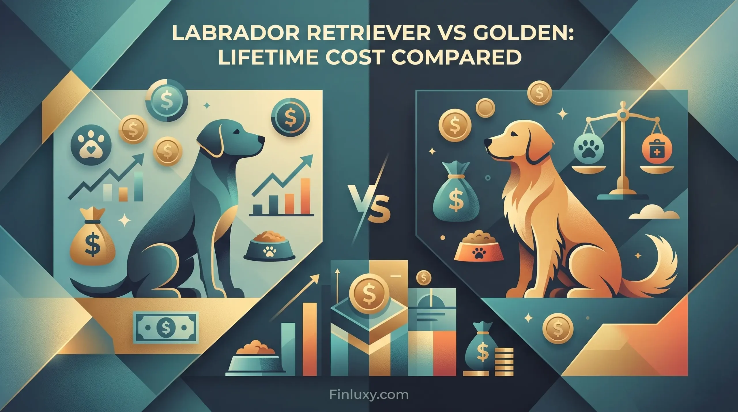 Geometric vector comparison of Labrador and Golden Retriever lifetime costs with financial icons and Finluxy.com.