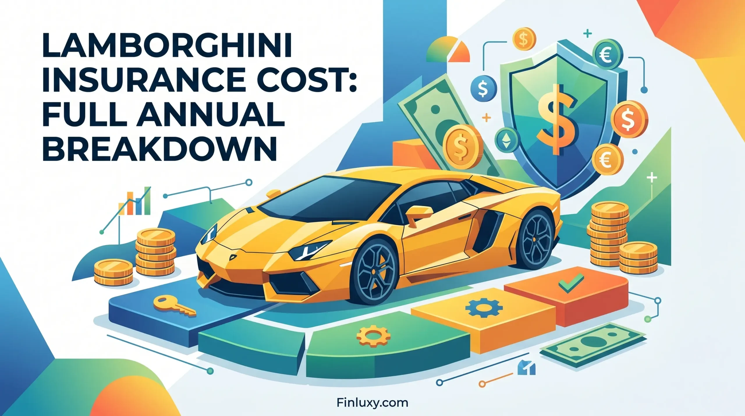 Geometric vector illustration of a yellow supercar with insurance shields and currency icons, titled "Lamborghini Insurance Cost: Full Annual Breakdown."