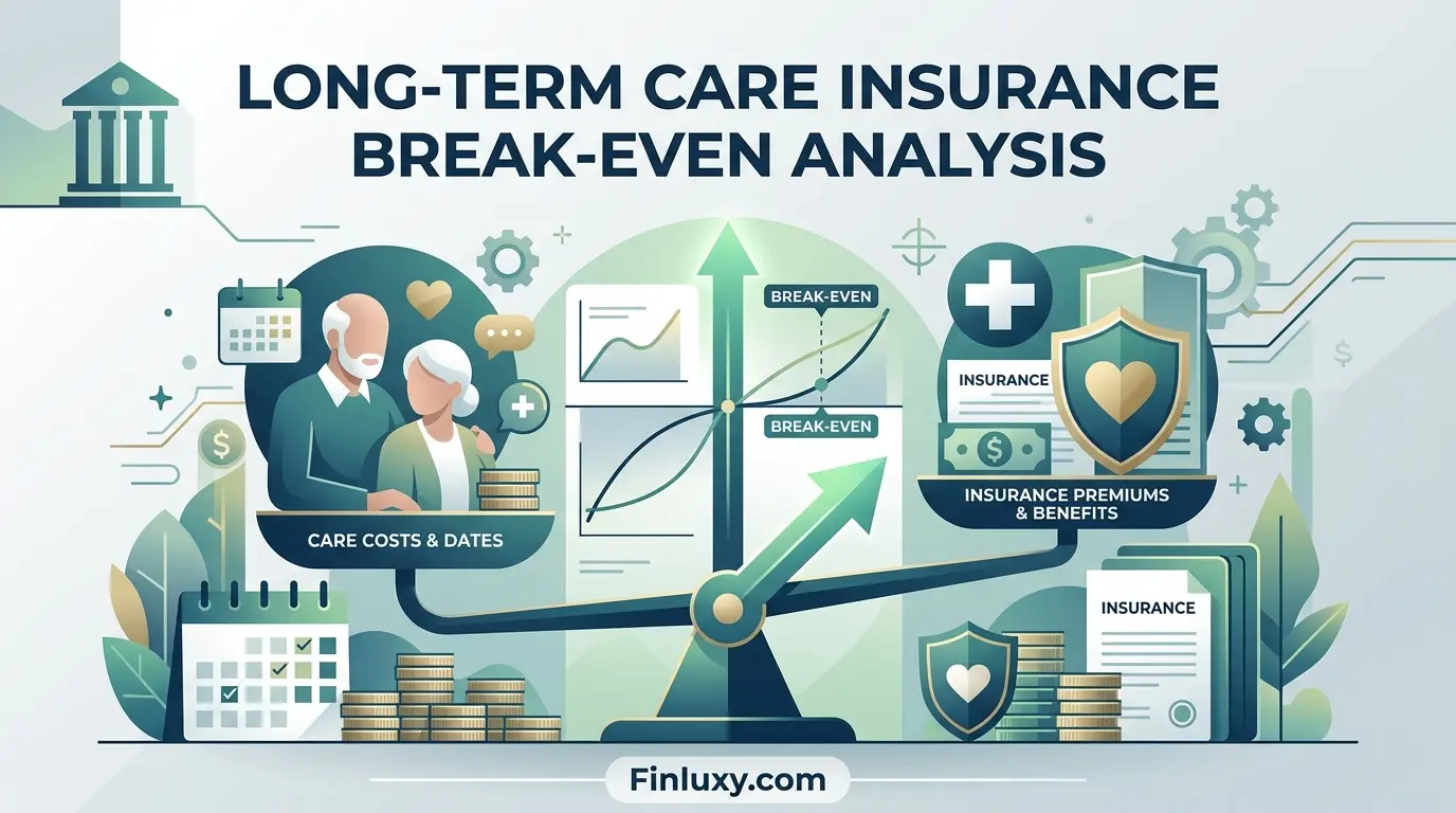 Geometric vector illustration balancing care costs and insurance benefits on a scale, titled "Long-Term Care Insurance Break-Even Analysis."
