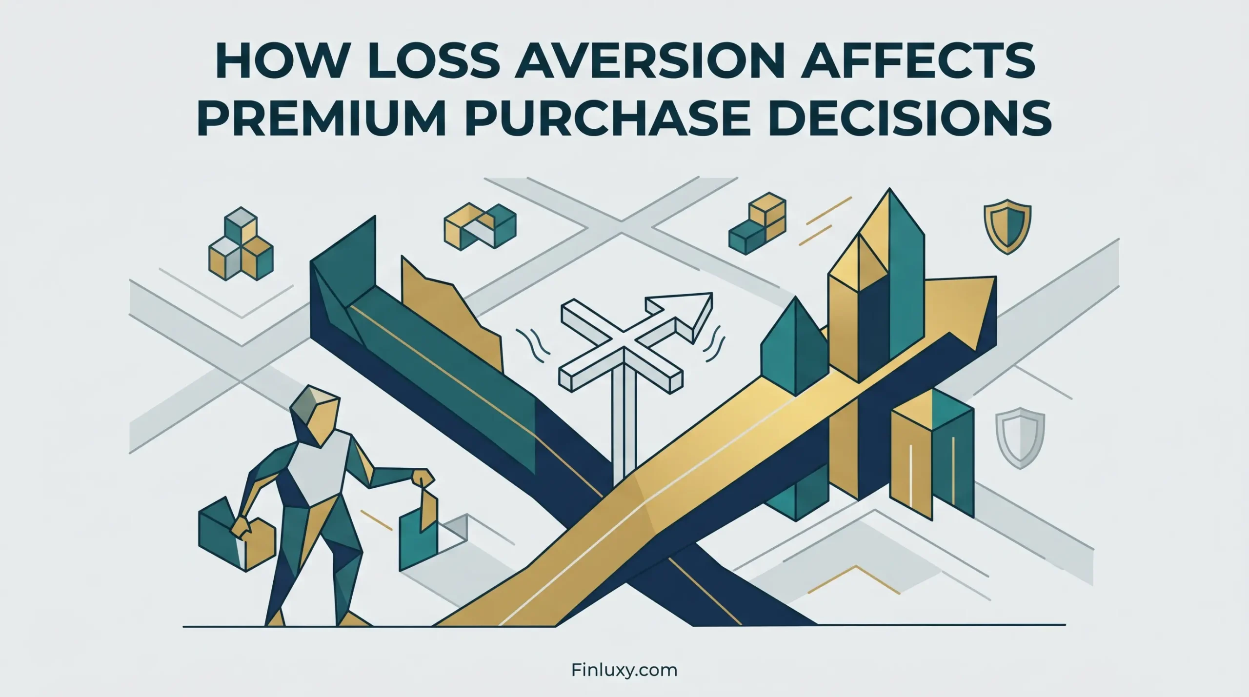 Geometric vector illustration depicting a faceted figure facing a choice, symbolizing loss aversion and premium purchase decisions.